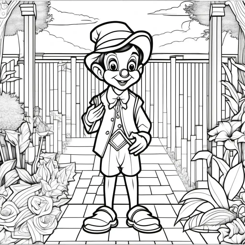 coloring page for adults, pinochio, 
cartoon style, low detail, thick lines, no shading, normal, -- ar 9:11