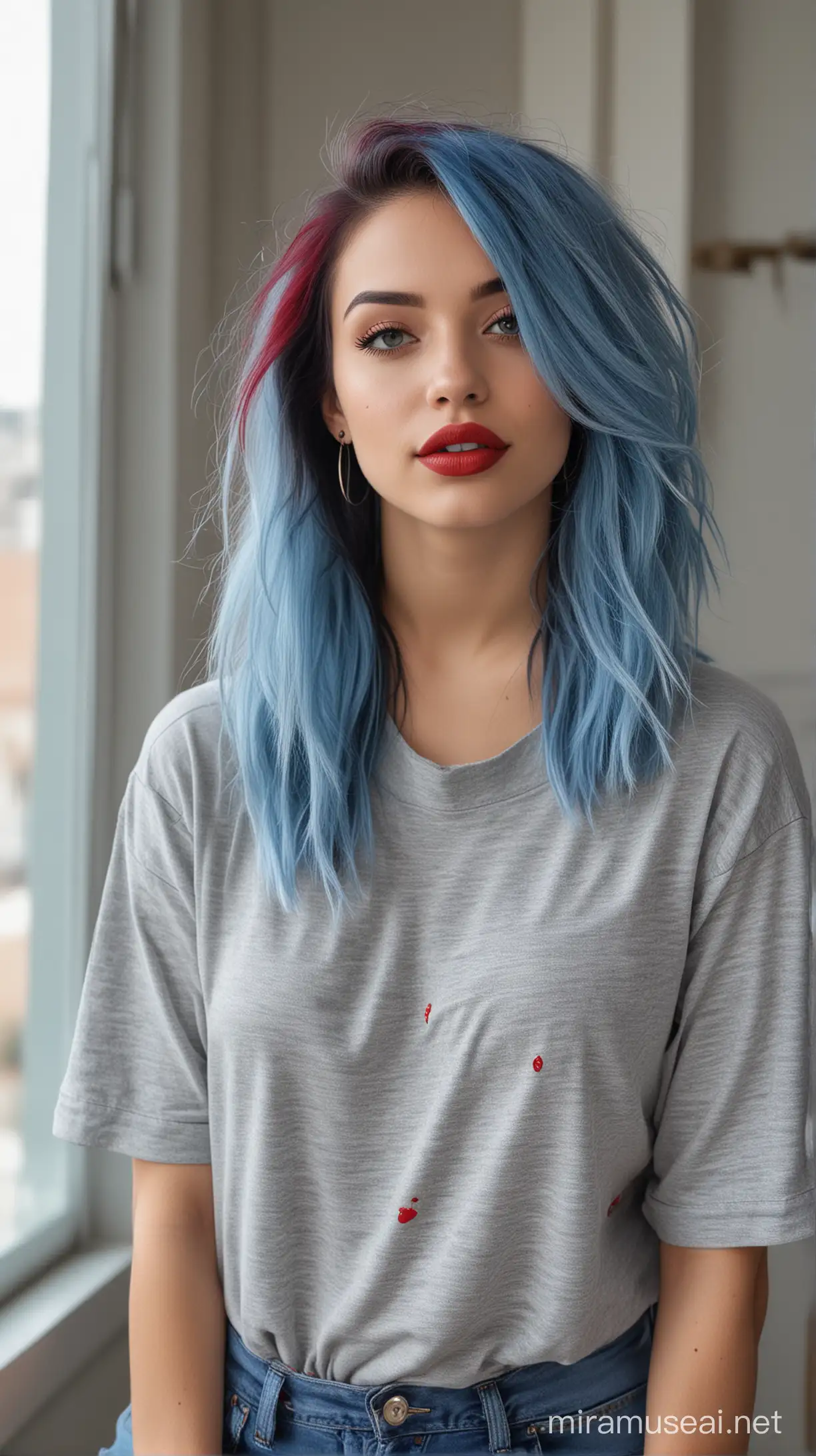 Stylish American Woman with Blue Hair and Red Lipstick Looking out of Home Window