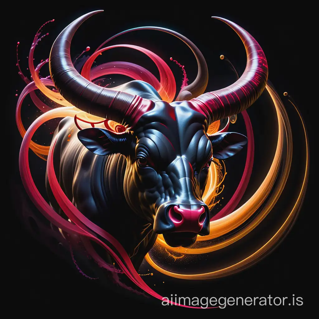 kinetic energy action with vortices,head bull, capturing motion with flash still image effect with swirls, fractal art, dogon art, abstract painting, of a very fierce black and dark red bull .huge horns, very stylized picture in the style of salvador dali, bright colors, increased sharpness, black background
