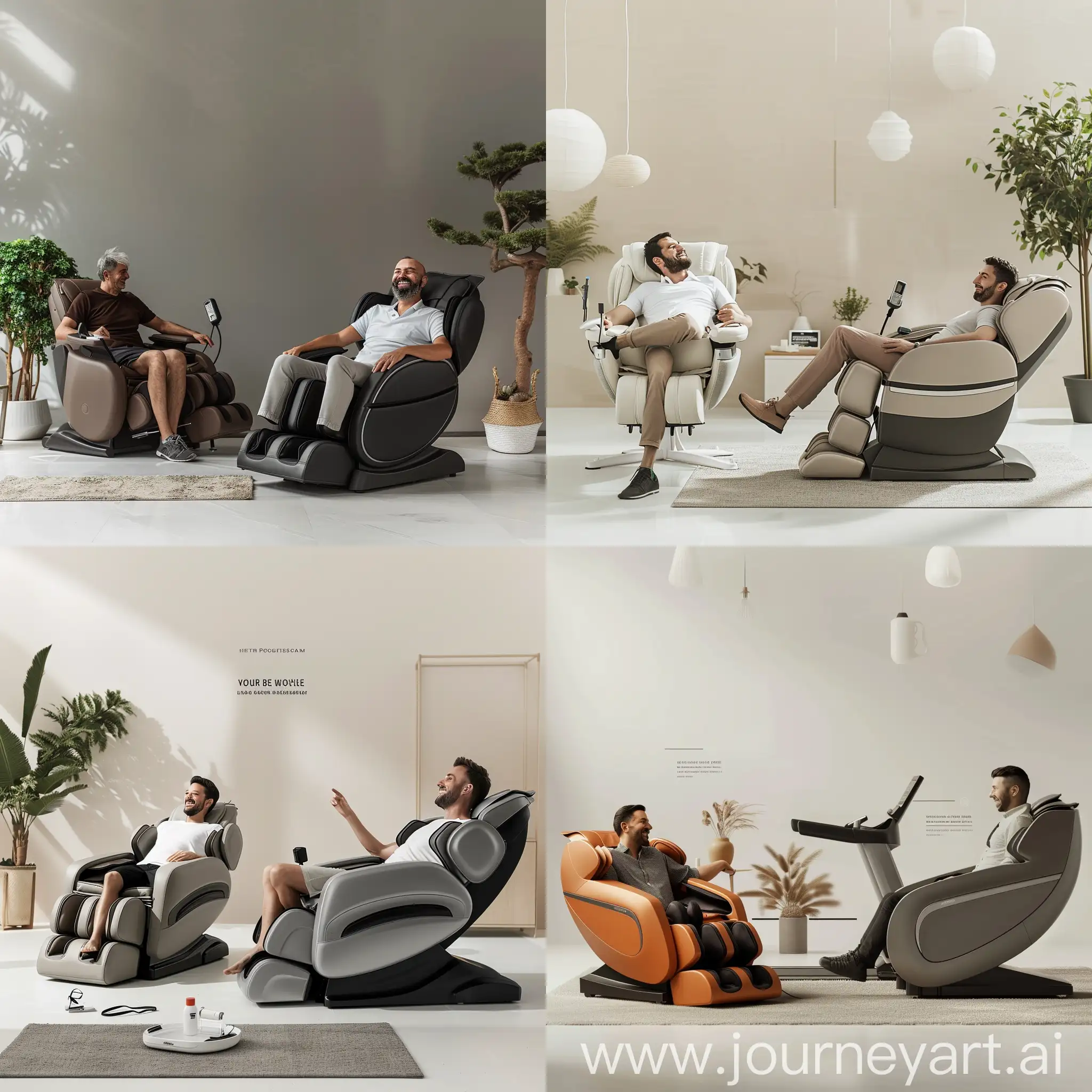 Create a captivating image for our website's hero section featuring a cheerful man enjoying our massage chair and treadmill. The scene should exude a relaxed and positive mood, with the man clearly experiencing comfort and satisfaction. Ensure that the massage chair and treadmill are prominently featured in the image, surrounded by a minimalist theme. Leave space for text overlay to convey our brand message. The overall vibe should be modern, inviting, and focused on wellness and fitness. the photo should be real
