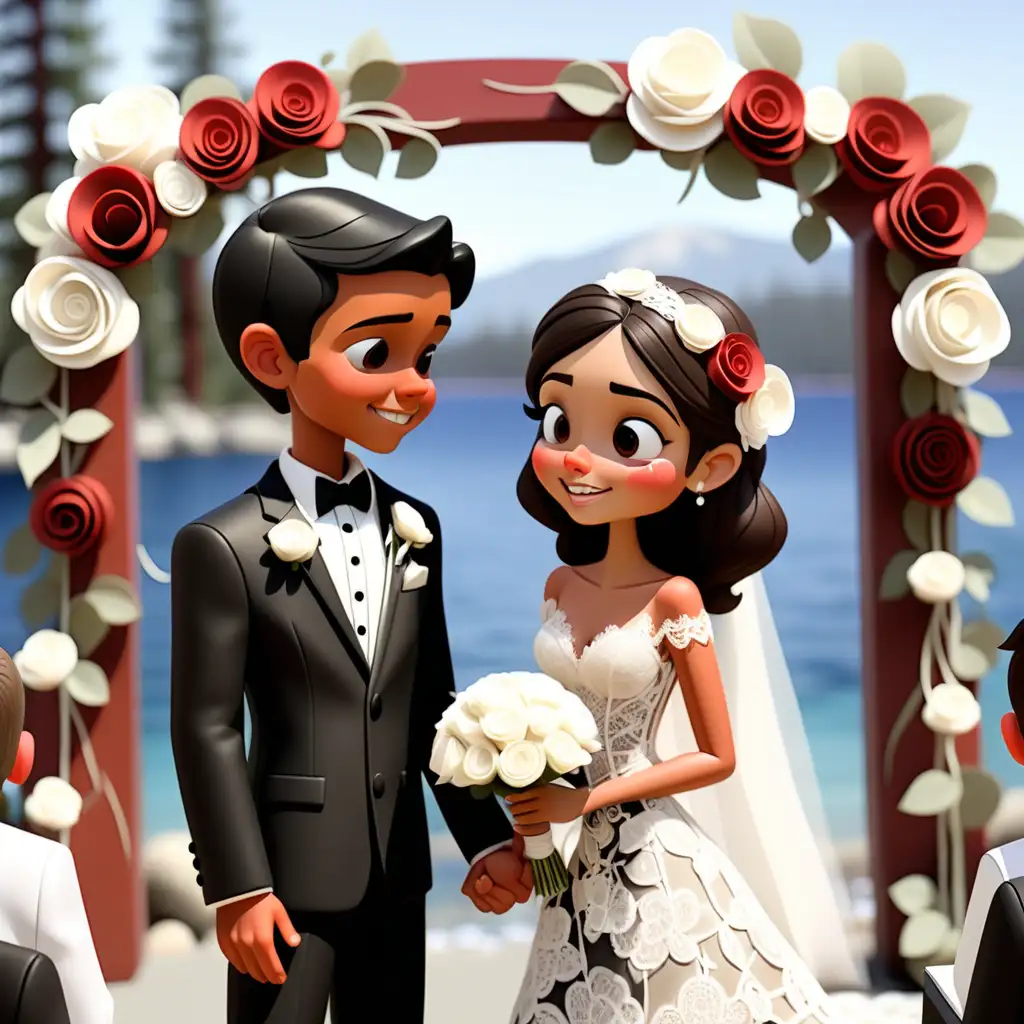 Enchanting storybook characters kissing happy
Lake Tahoe wedding ceremony with white flower arch
Hispanic tan boy short black hair in black suit.
girl with short brown wavy hair in lace floral wedding dress with red and white roses