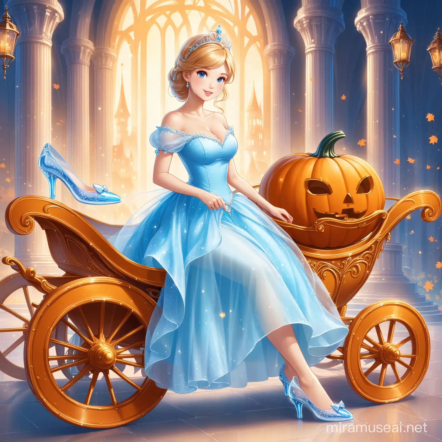 a girl like Cinderella with Glass slipper and pumpkin carriage. 
