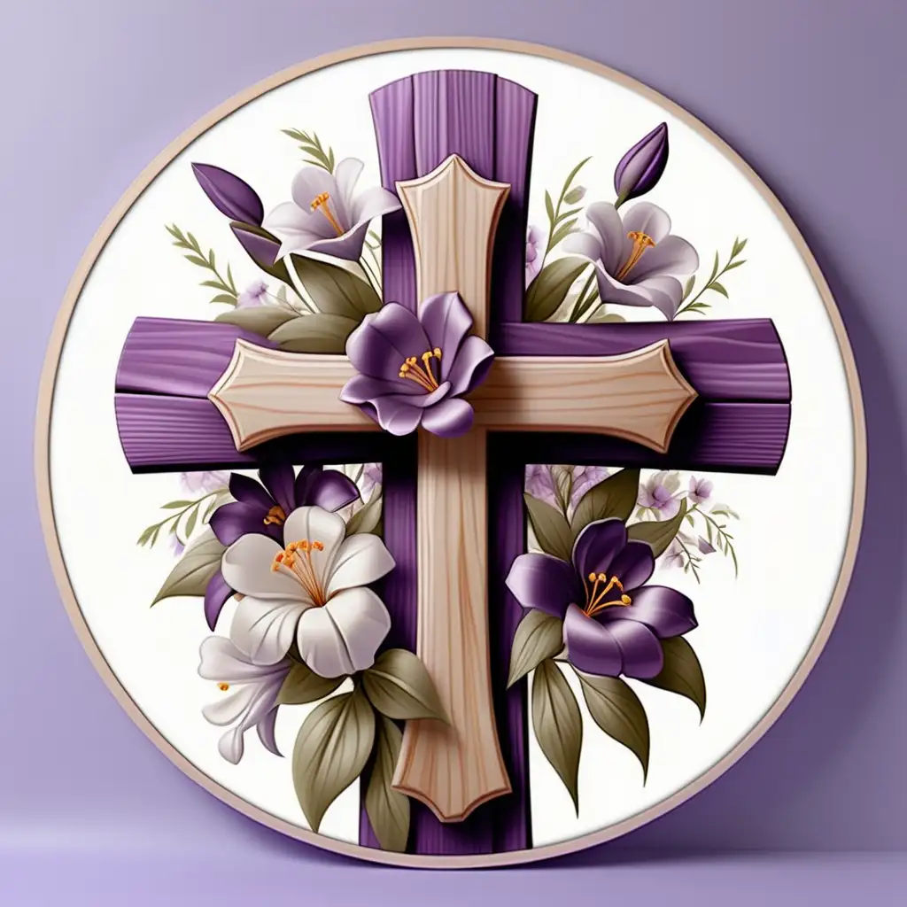 12 inch round canvas, transparent background,  perfectly symmetrical wooden cross, purple satin fabric draped accross, spring flower mix surrounding the cross
