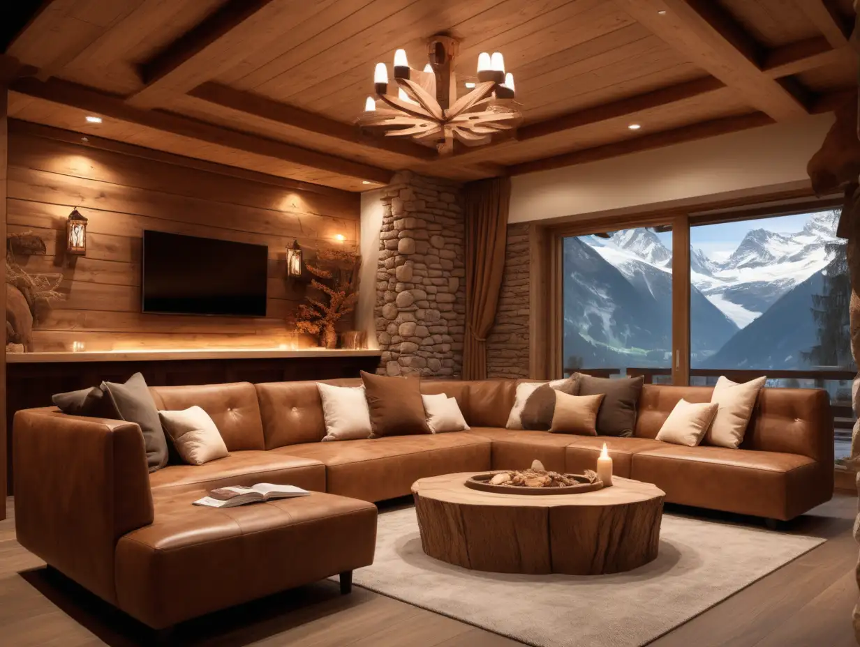 Swiss chalet theme, relaxation area, flat ceiling, no fireplace, earthy tones, plush seating, wooden accents, Alpine motifs, ambient lighting, tranquility.