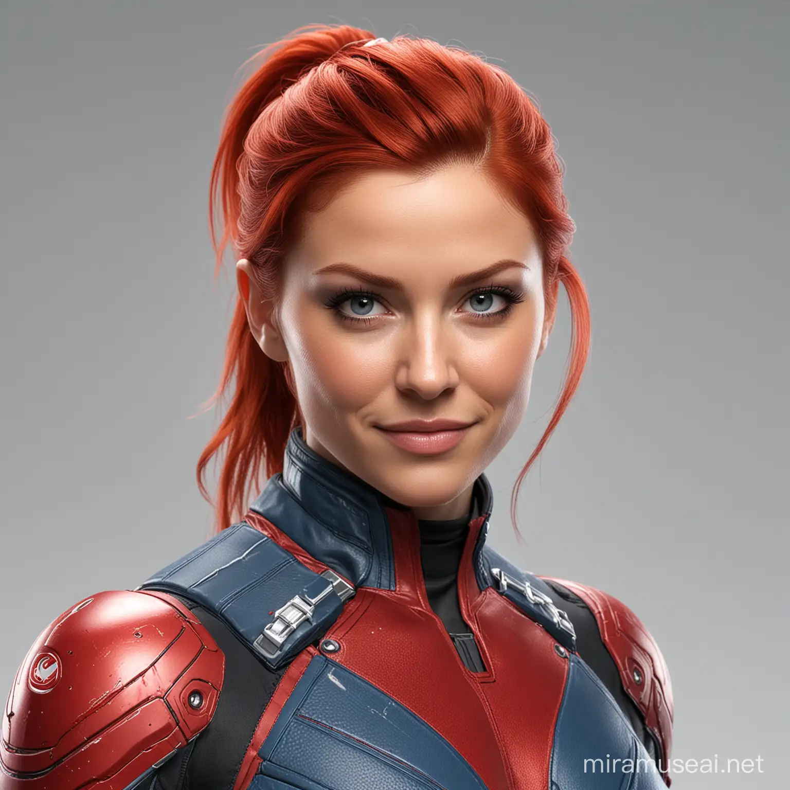 Marvel-style character from the future, similar to Viper, ponytail red hair, with 29 years old, rounded face, facing the camera, head close up, smiling face, no colored marks or scars in the face.

Attire: Blue and red attire, futuristic style, no high colar, white background.

Background: clear white background

Photographed with: Canon 5D Mark IV, 60mm lens

Photo style: Portrait, facing to the camera

Description: soft skin, no beard, with a large forehead.