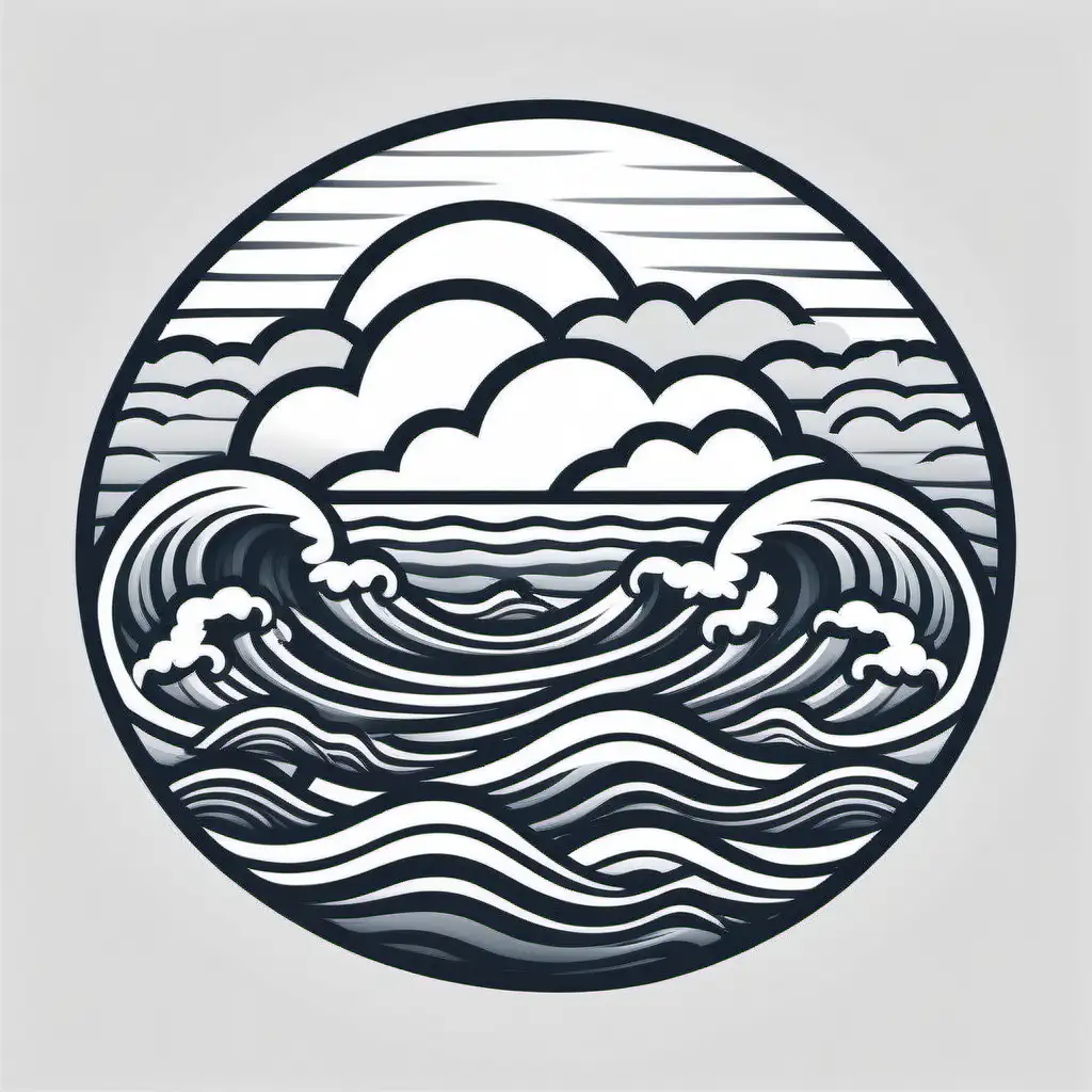 japan, clouds, water, waves, vector logo style, line art, flat design, simple, high contrast, black and white --no background texture gradient gray