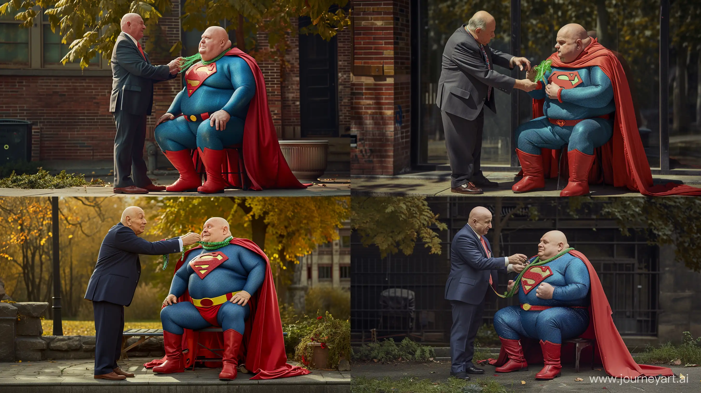 Chubby-Superman-Receives-Unique-Green-Necklace-Gift-in-Outdoor-Setting