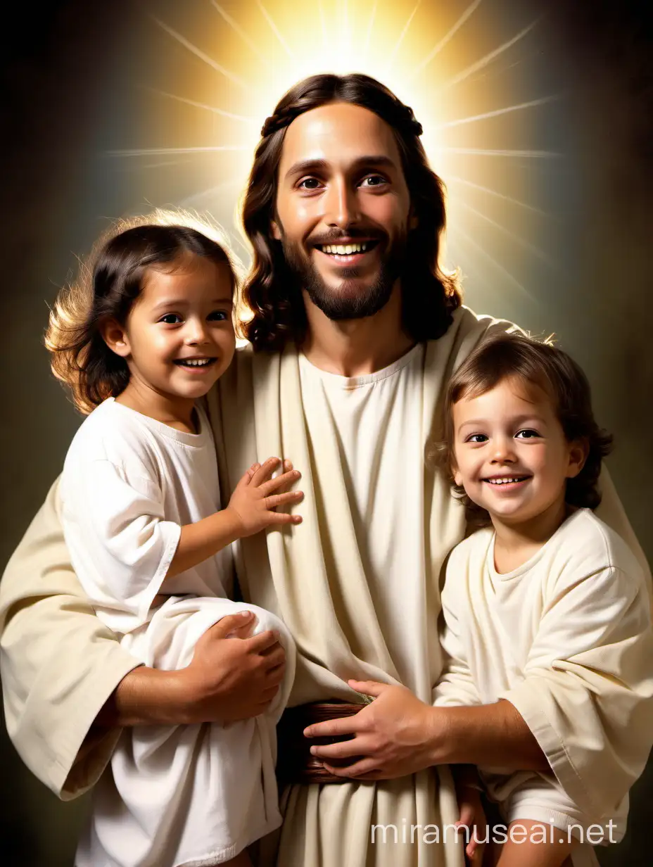 smiling Jesus with 2 kids