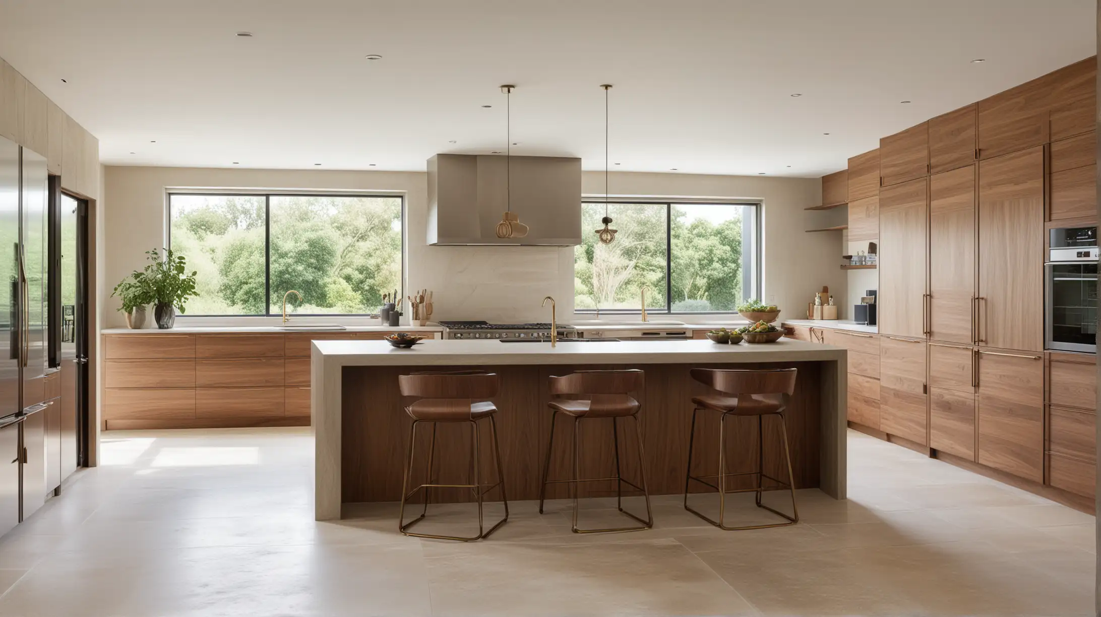 a large minimalist organic estate home chefs kitchen; limestone floor, walnut wood cabinets, limewash painted walls, brass handles and picture railing
