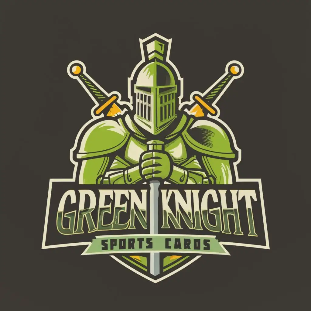logo, a knight in armor solid green strong justice bold service honor sword battle happy victory true grit awesome elegant leader with the text "Green Knight Sports Cards", typography, be used in Entertainment industry
