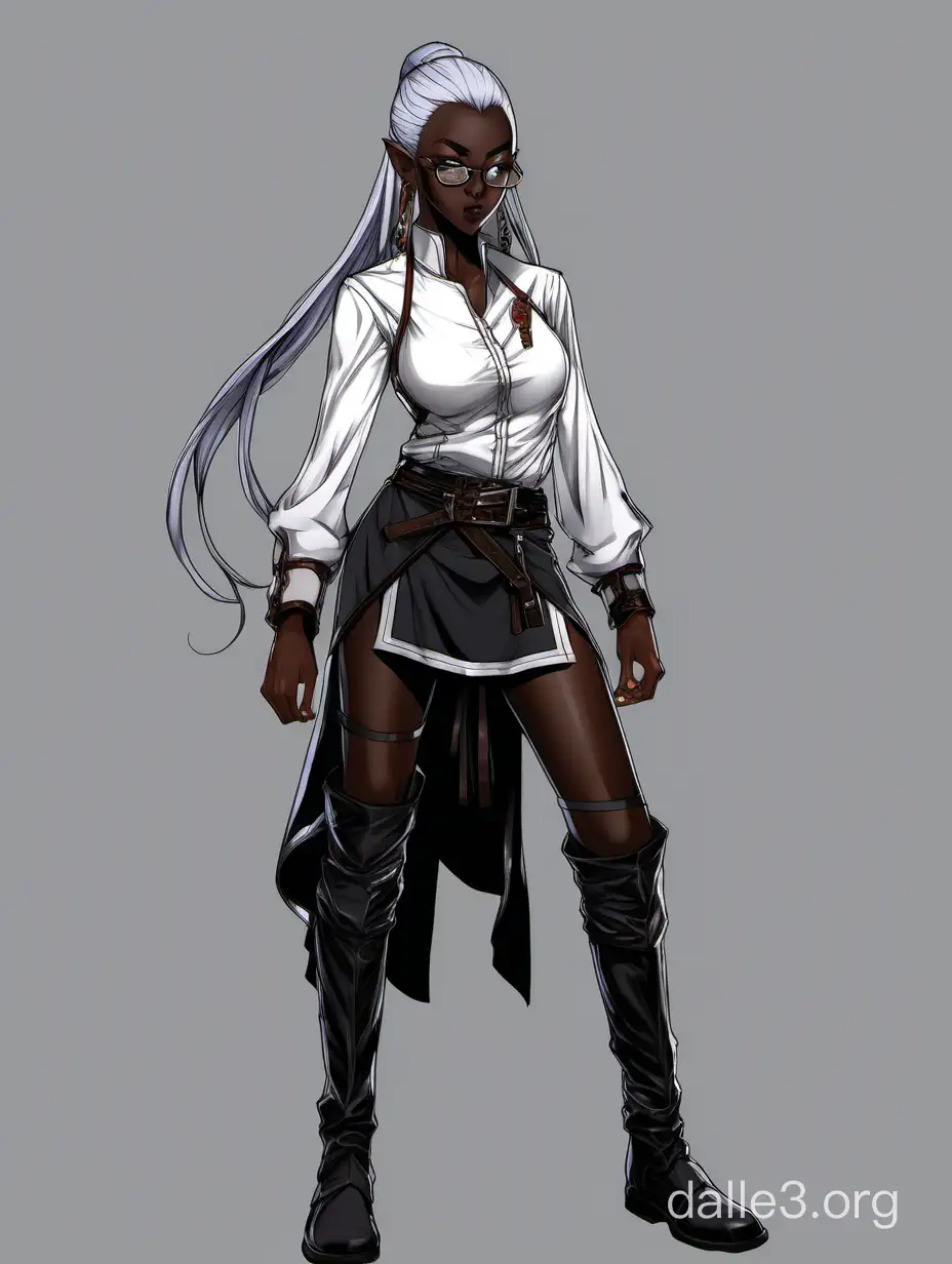 (Anime), Drow, (dungeons and dragons art), (fantasy), slim female elf, dark skin, medium chest, round glasses, mandarin collar white kung fu shirt, standing, hands on knees, looking up at camera, laughing, sweaty, knee high leather boots, short pleated skirt, black leather vest with long tails