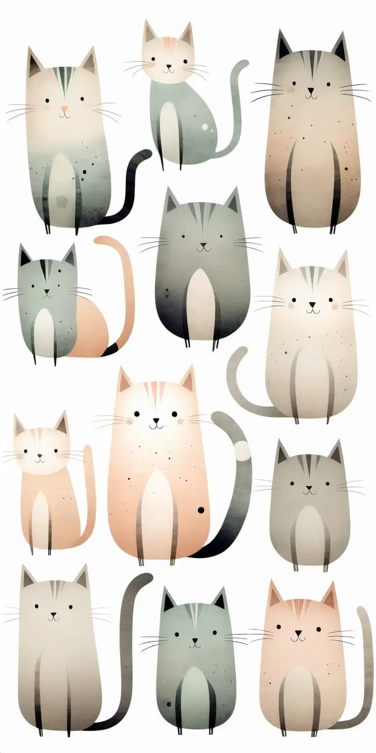 A cute cat clipart, organic forms, in the style of Jon Klassen, desaturated light and airy pastel color palette, nursery art, white background