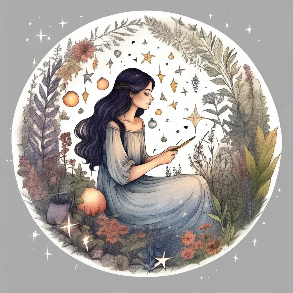 рисунок цветными карандашами, композиция в круге, девушка  с тёмными волосами сидит в длинном платье, вокруг расположены дудлы в виде растений, цветов, трав, звёздочек. волшебная атмосфера, сказка