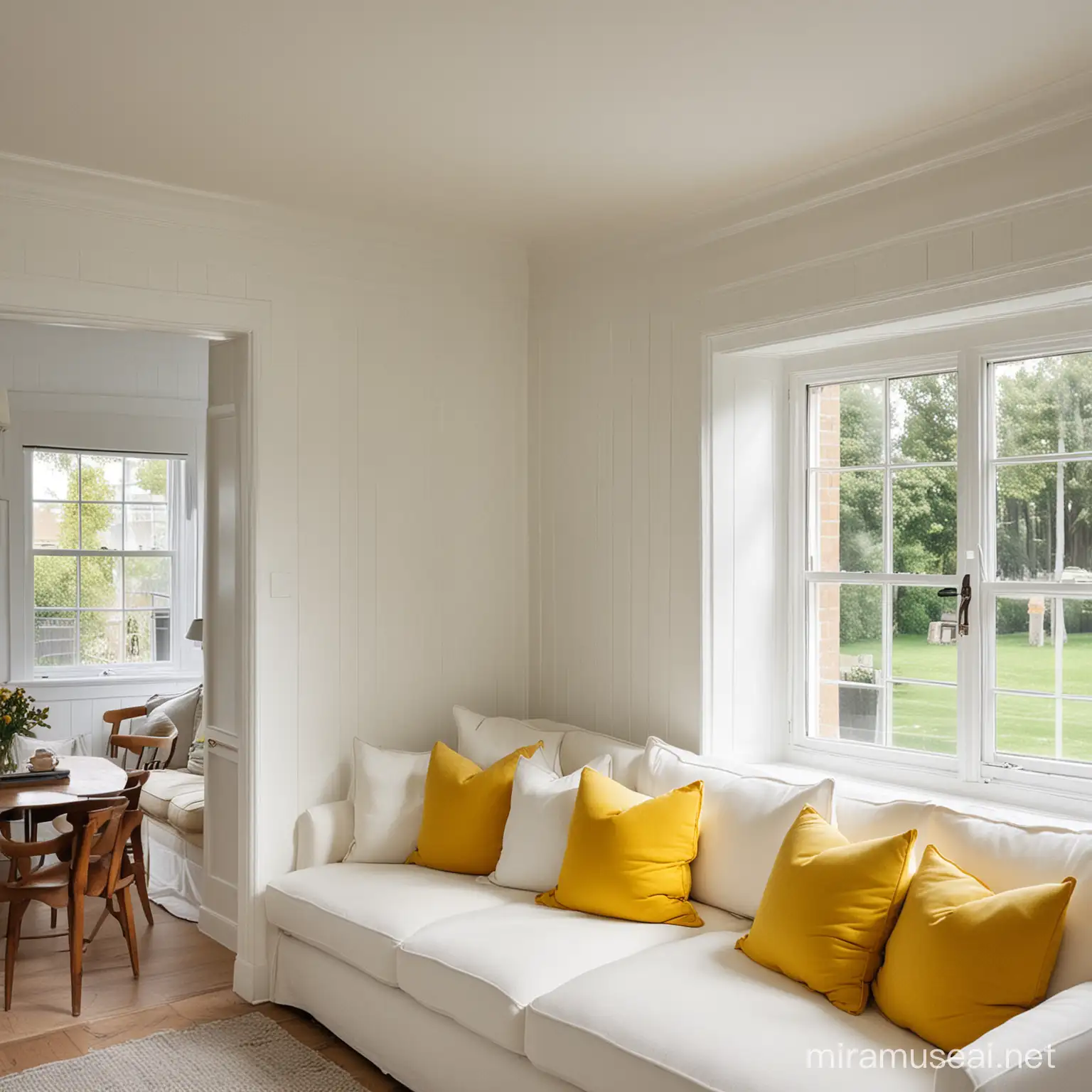 looking into the corner of a living room. large plain white panelled walls. sofa with yellow pillows. window to left.