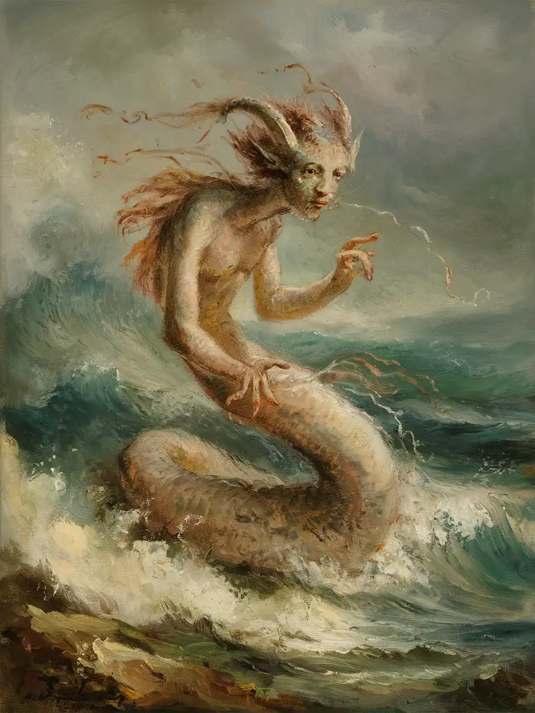 Depiction of a majestic sea demon with an Impressionist twist, seeping with the charm of Rosa Bonheur's style. The scene is awash with all the characteristics of an Impressionistic seascape - rapid, loose brushstrokes capturing the fleeting quality of light and color. The background should be a stormy sea, its transient mood and movement captured intuitively. The sea demon should also be imbued with Impressionist features, its form suggested rather than detailed, with a focus on how it catches the ambient light and mood.