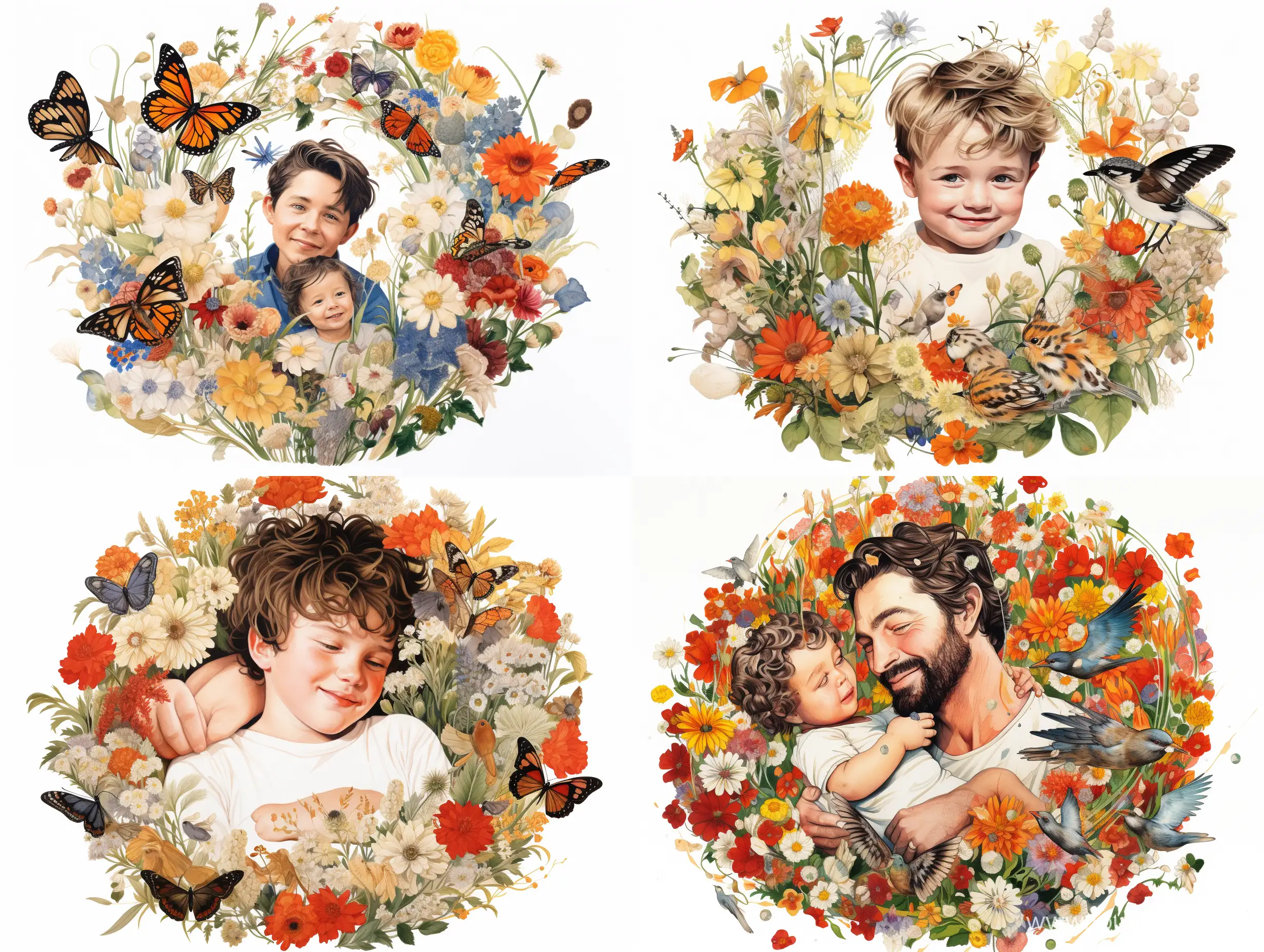 Image of a child in his father's arms, happy and smiling, in a circle of flowers and birds, white background