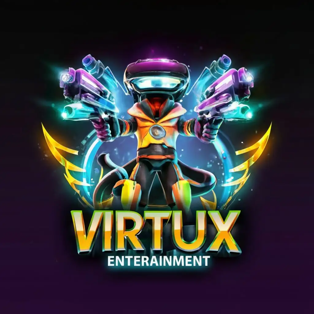 a logo design,with the text "VIRTUIX PARK ENTERTAINMENT. VPE", main symbol:Ninga with extra size virtual reality headset on with two rifles below a steering wheel on his back, colourful and realistic fonts. Vivid and colourful images. "TARGETEDGE MARKETING "in the background.,Moderate,be used in Technology industry,clear background