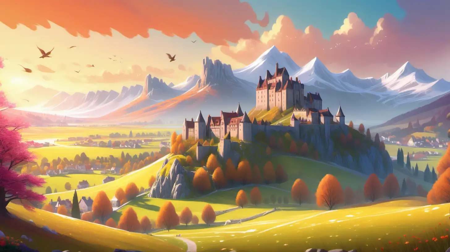 bright and cheerful image of epic landscape with mountains in the background and a cosy castle rising on a hill in the foreground right