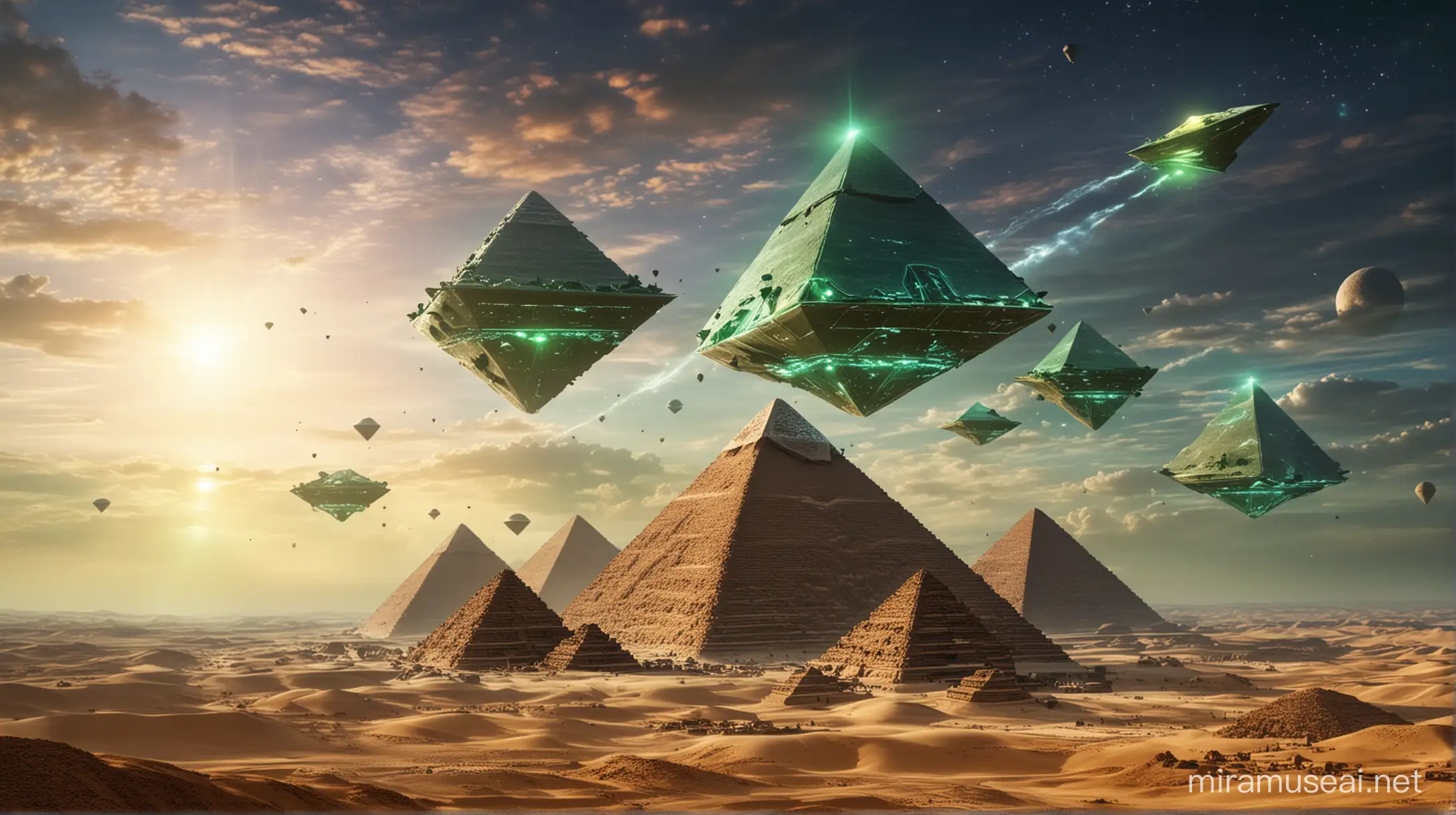 great pyramids built by aliens, spaceships in the air hovering, green magic hue in the sky, magic spells floating