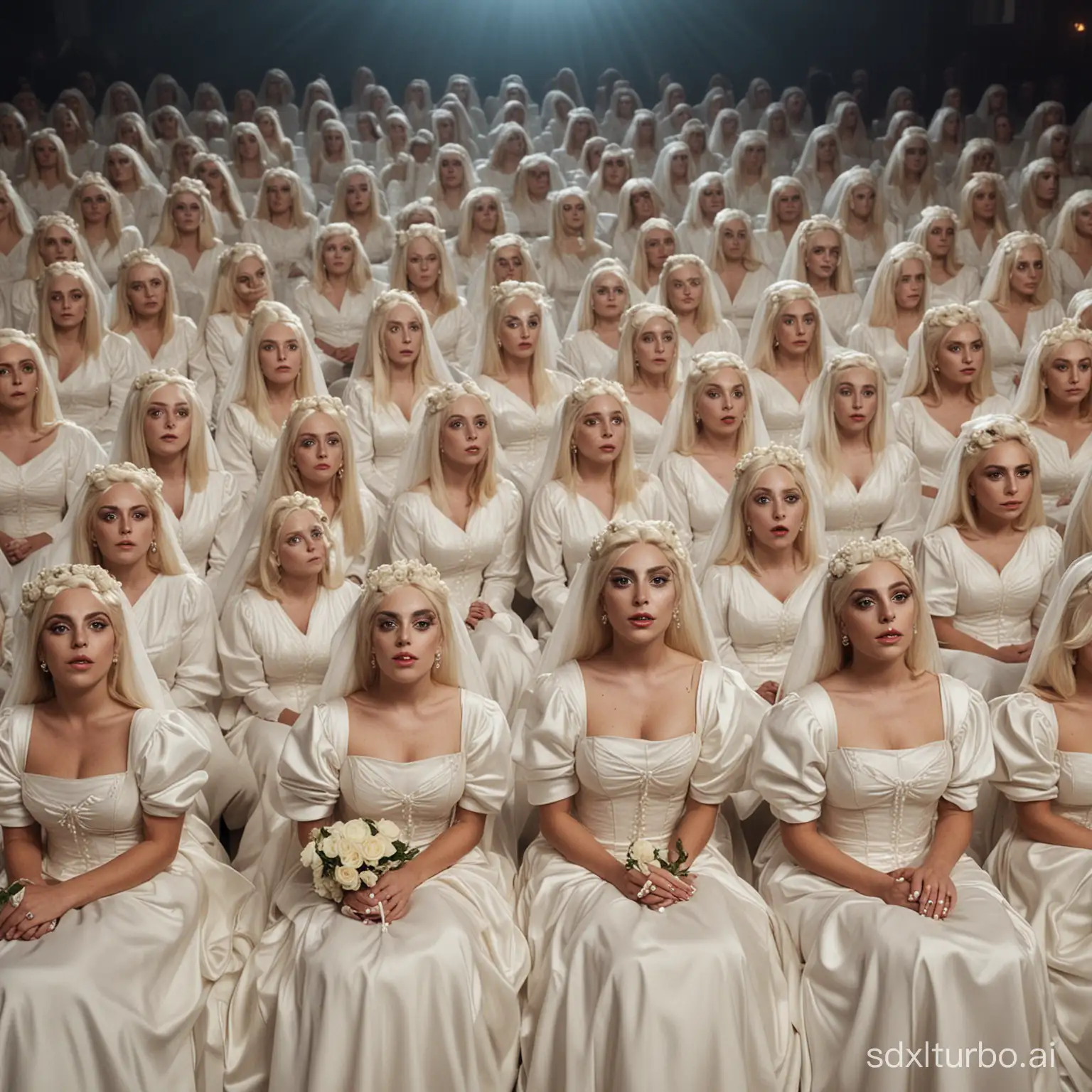 Multidao de lady gaga e suas clones vestidas de noivas reunidas sentadas no cinema
