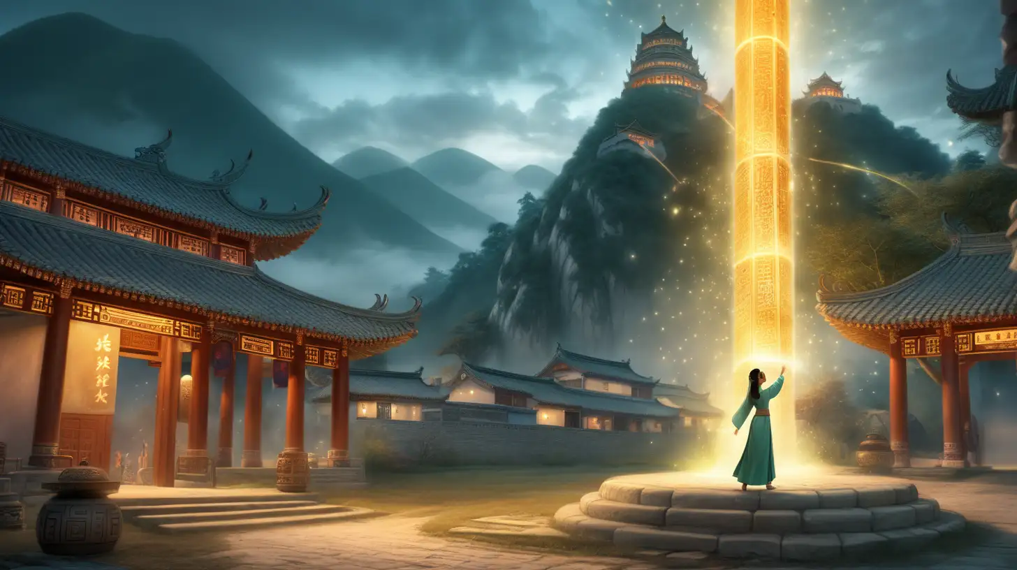 Empowered Woman Sending Magic to Glowing Village Dome in Ancient China