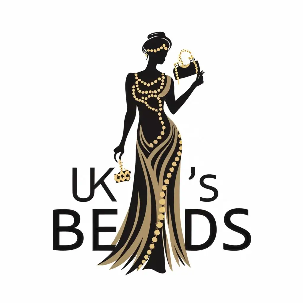 logo, Realistic silhouette image of a lady wearing a beaded dress and holding a beaded handbag, with the text "Uk's Beads", typography, be used in Beauty Spa industry