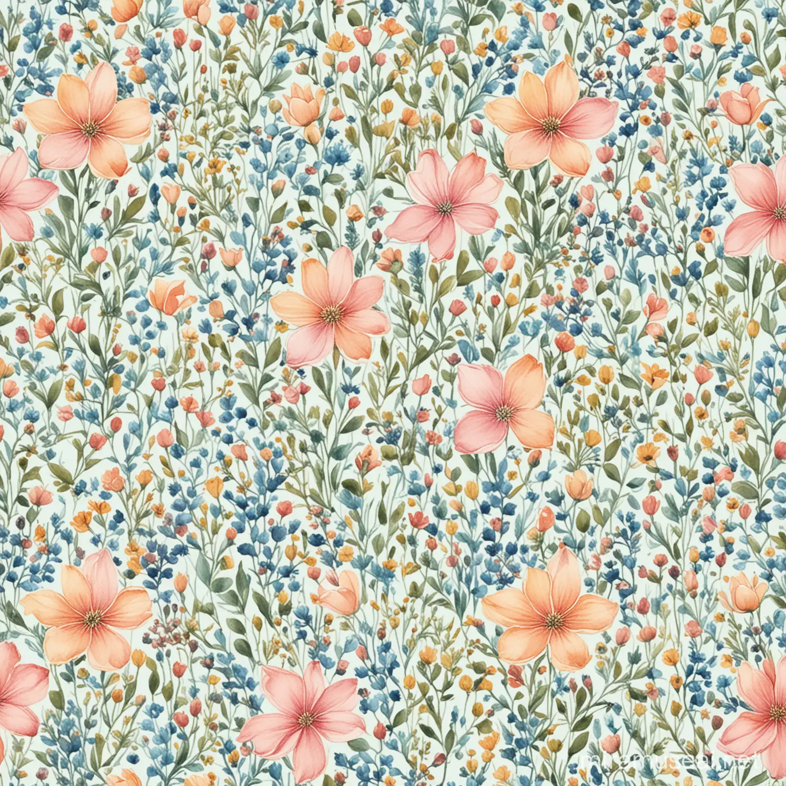 asymmetric repeatable pattern of  small watercolor flowers in pastel colors, liberty prints style