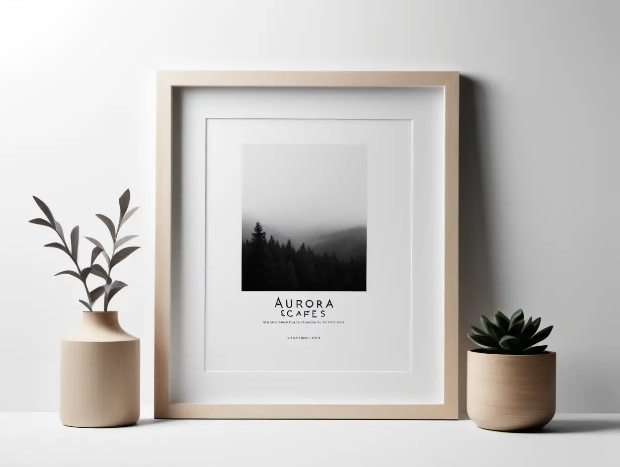 Minimalist Wooden Picture Frame Mockup with Clean Arial Branding Aurora Scapes Prints