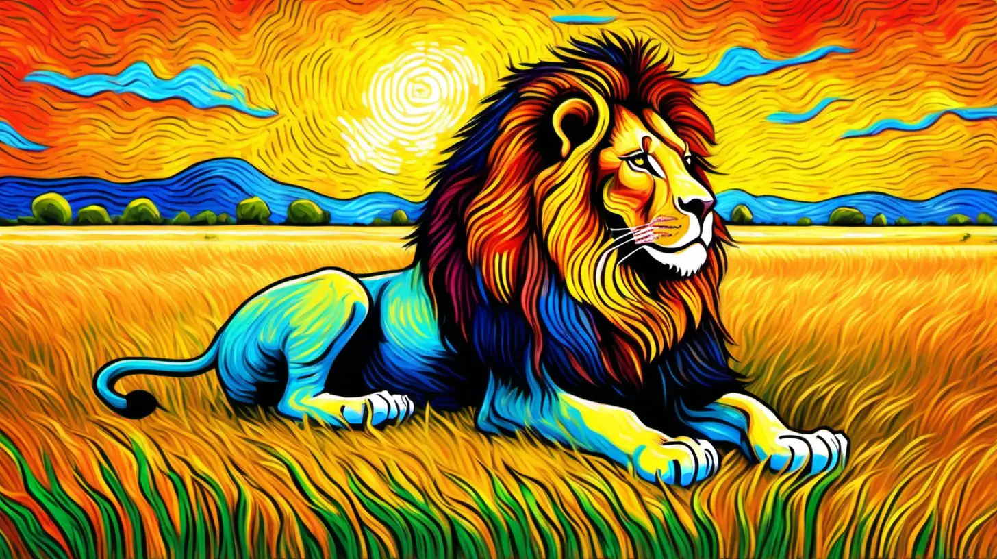 Immerse colorful vibrancy in the African Savannah. Illustrate a majestic colorful lion lying in the grass in van gogh style.
