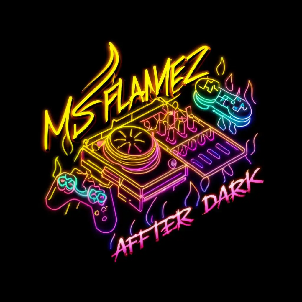 LOGO-Design-For-MsFlamez-After-Dark-Dynamic-Fusion-of-Gaming-and-DJ-Elements-with-Vibrant-Neon-Flames