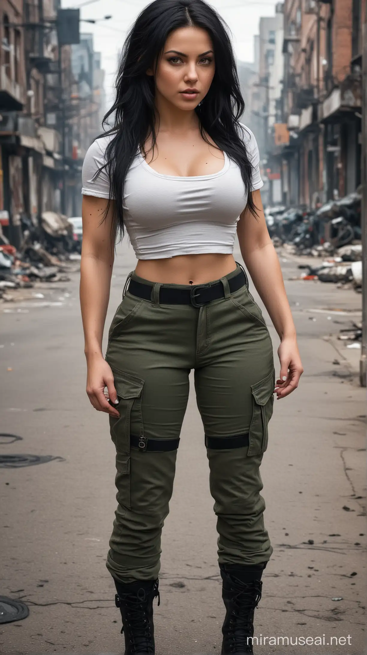 Ultra realistic, white skin, black hair, oval faced, hourglass figure, hot girl, in crop top and tight military pants, standing tough after brutal fight, injuries on several body parts, on street 