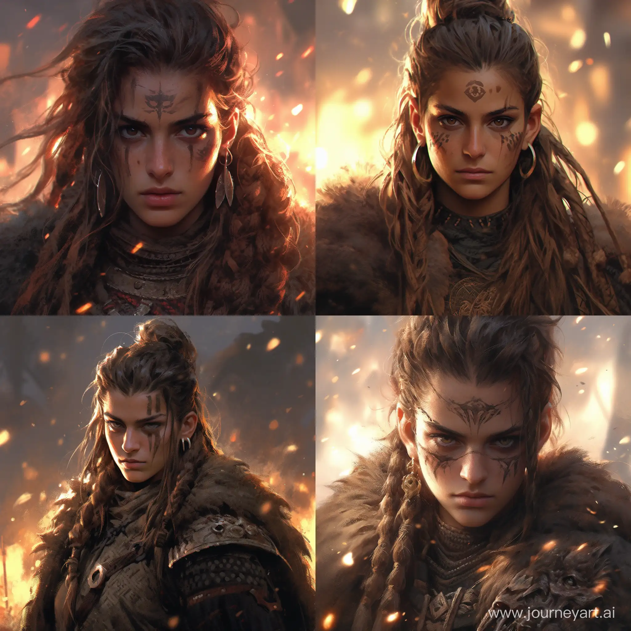 30 year old dark hair female warrior, viking, character concept, highly detailed, gold glowing eye, golden scar under left eye, woolen fur coat, demonic, waving hair, intricate, facial tribe tattoo, intricate, ethereal, cinematic, artstation,  hyper detailed, high detail, weta digital, ray trace, Unreal Engine, Zbrush, beautifully lit, glow, cinematic, soft light, detailed, photorealistic, volumetric, intricate, high detail, realistic, glossy, cgi, photobash, 8k post - production, masterpiece --niji 5 —s 750