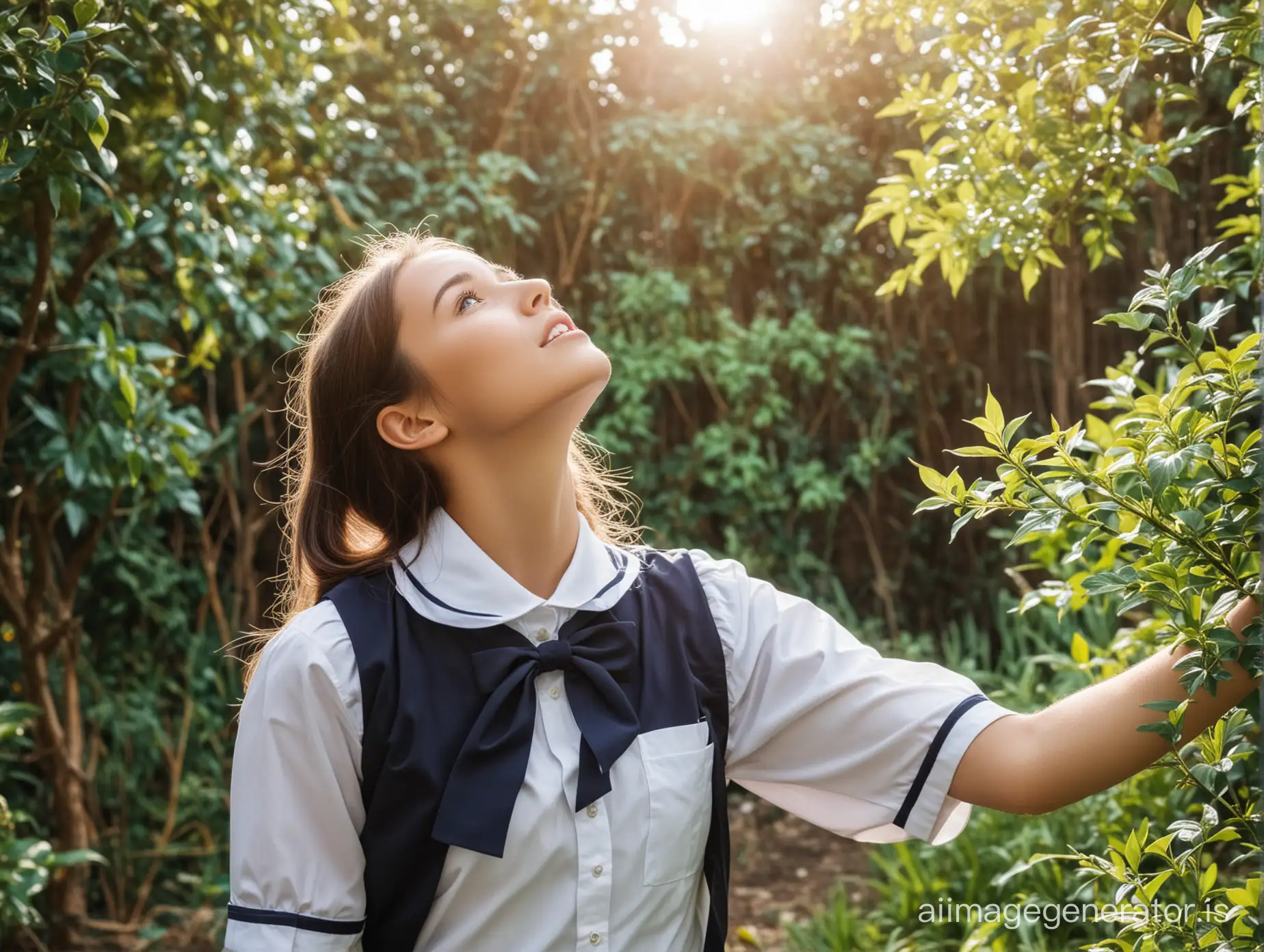stunningly beautiful girl, looking up to the sky, wearing school uniform, in the garden