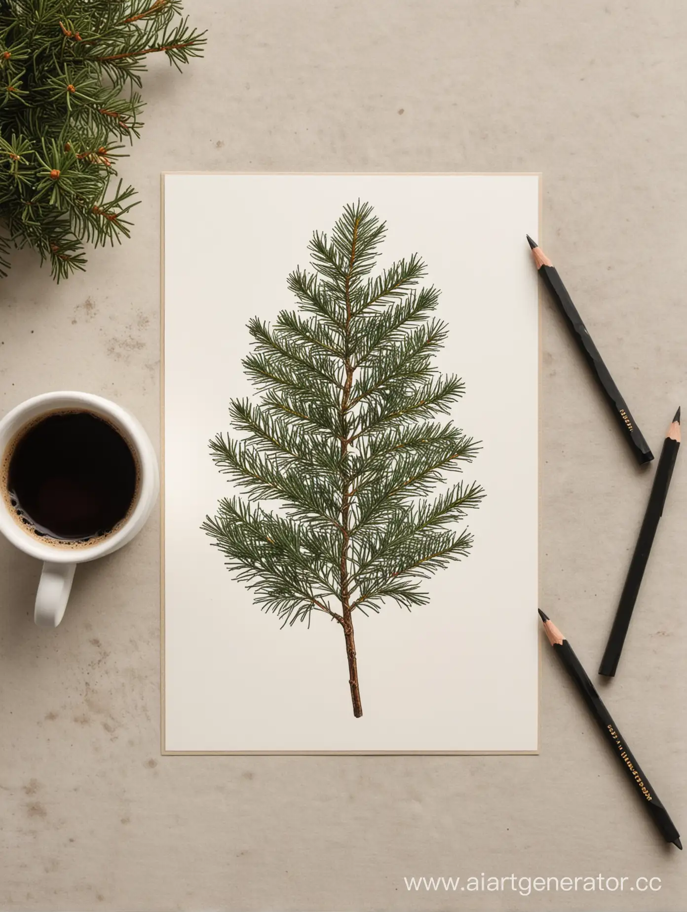 Cozy-Desk-Setup-with-Postcard-Fir-Sprig-Pencils-and-Coffee