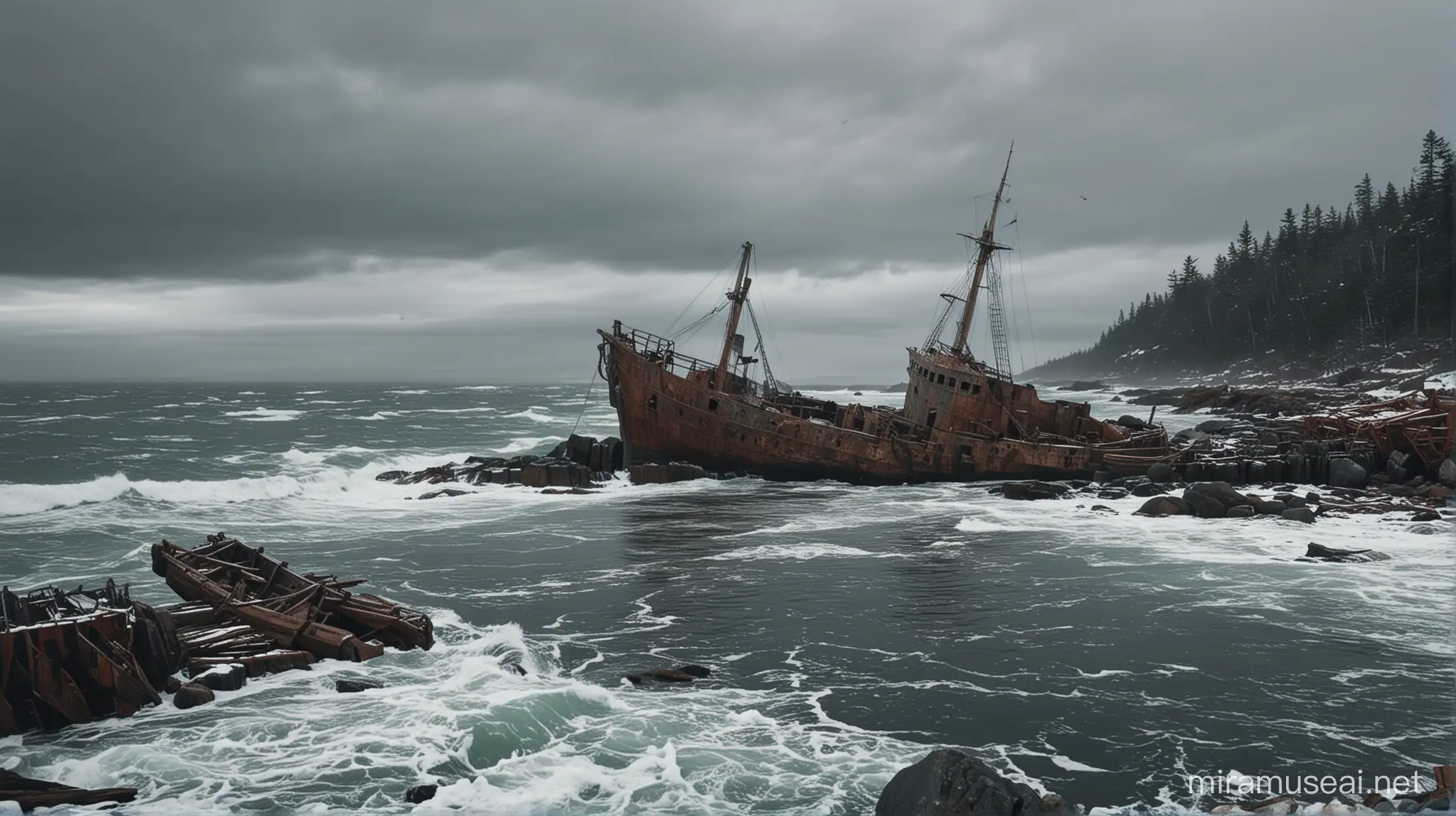 old shipwreck on a rocky shore in nova scotia in winter,cinematic, realistic, stormy sea, stormy sky
