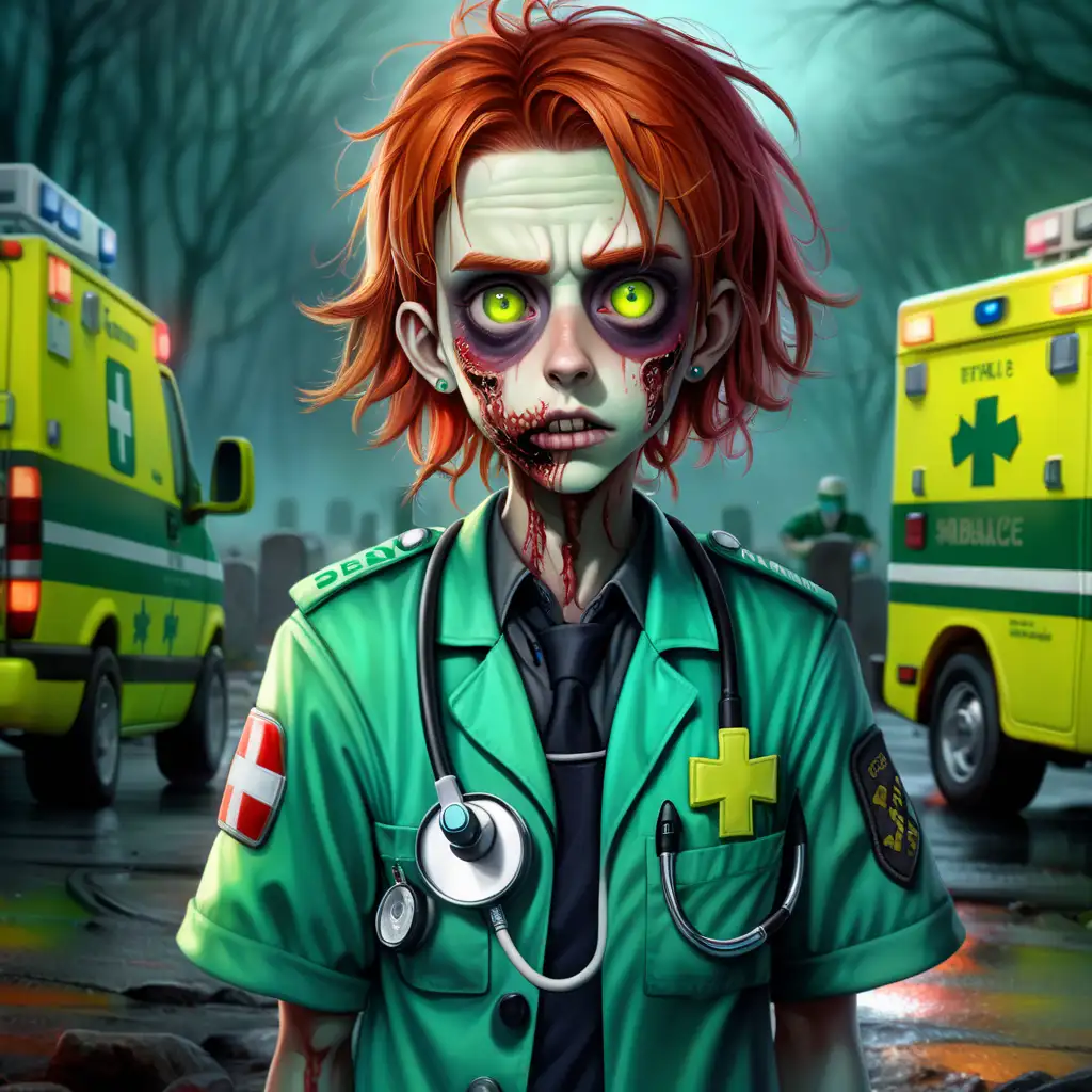 Splash art, full body portrait of adorable cute green skin paramedic zombie, shy and timid looking, dejected, punk, short spiky red hair, yellow eyes, large dilated pupils, gentle friendly face, green ambulance uniform, stethoscope, dark fantasy, portrait, voodoo ambience, UHD, Tim Burton, rim lighting, standing in a graveyard, ambulance in background