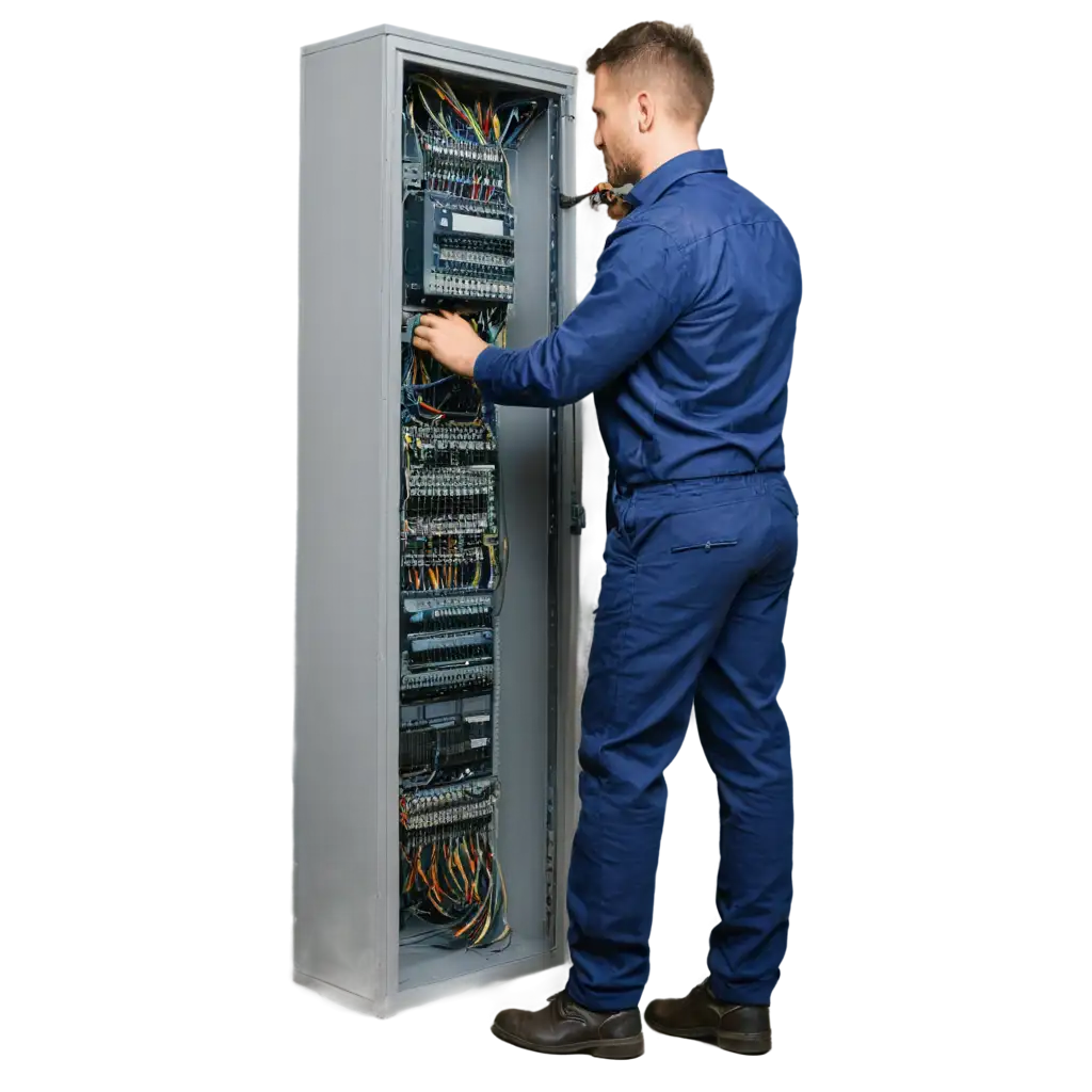 A male electrician works in a switchboard with an electrical connection cable
