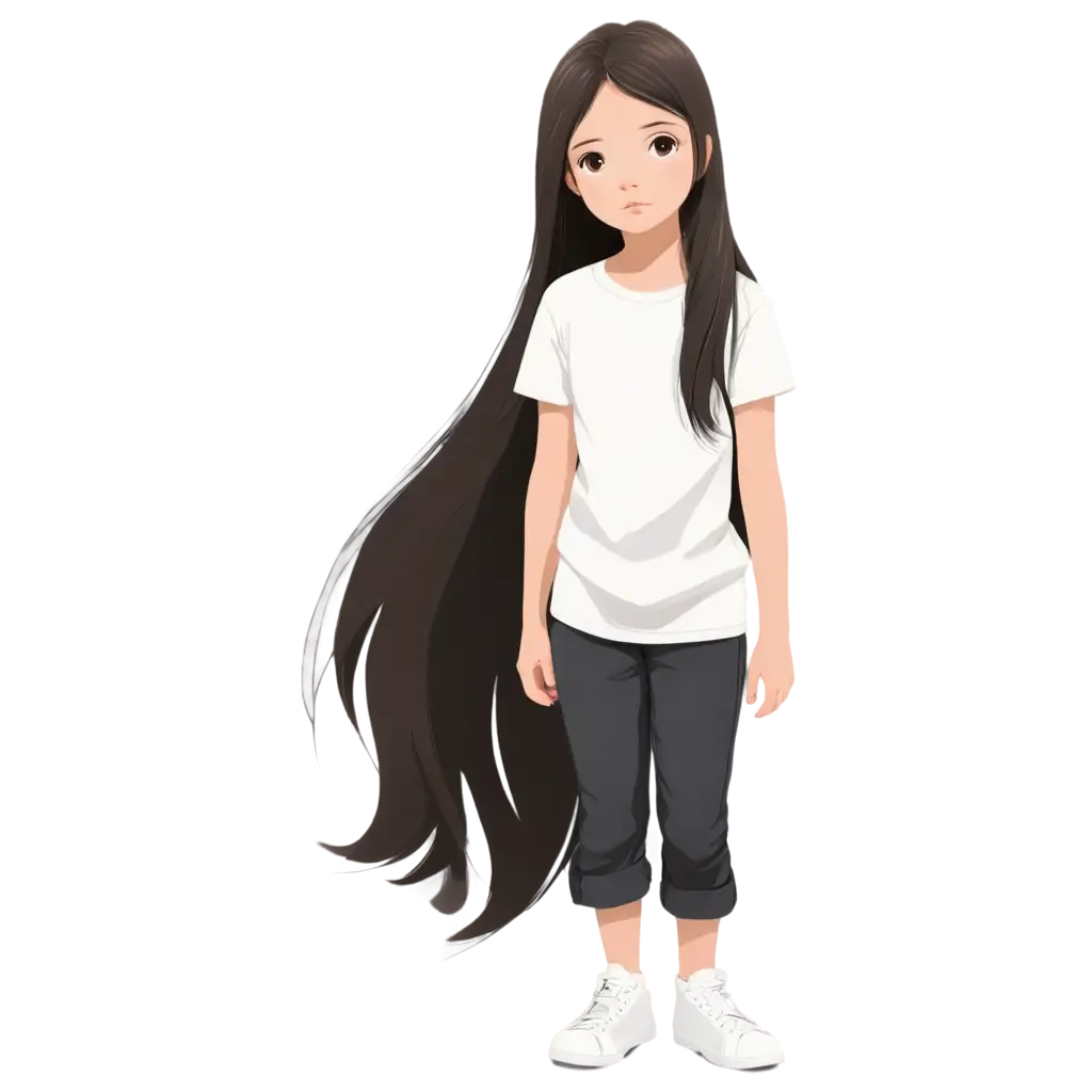 Vector image, a cute character of little girl with white skin, big light brown eyes and long black hair. She is around 13 years old. she is wearing white t-shirt and pink pants, and white shoes. Unfurtunatelly, she is sad, upset and about to cry. 