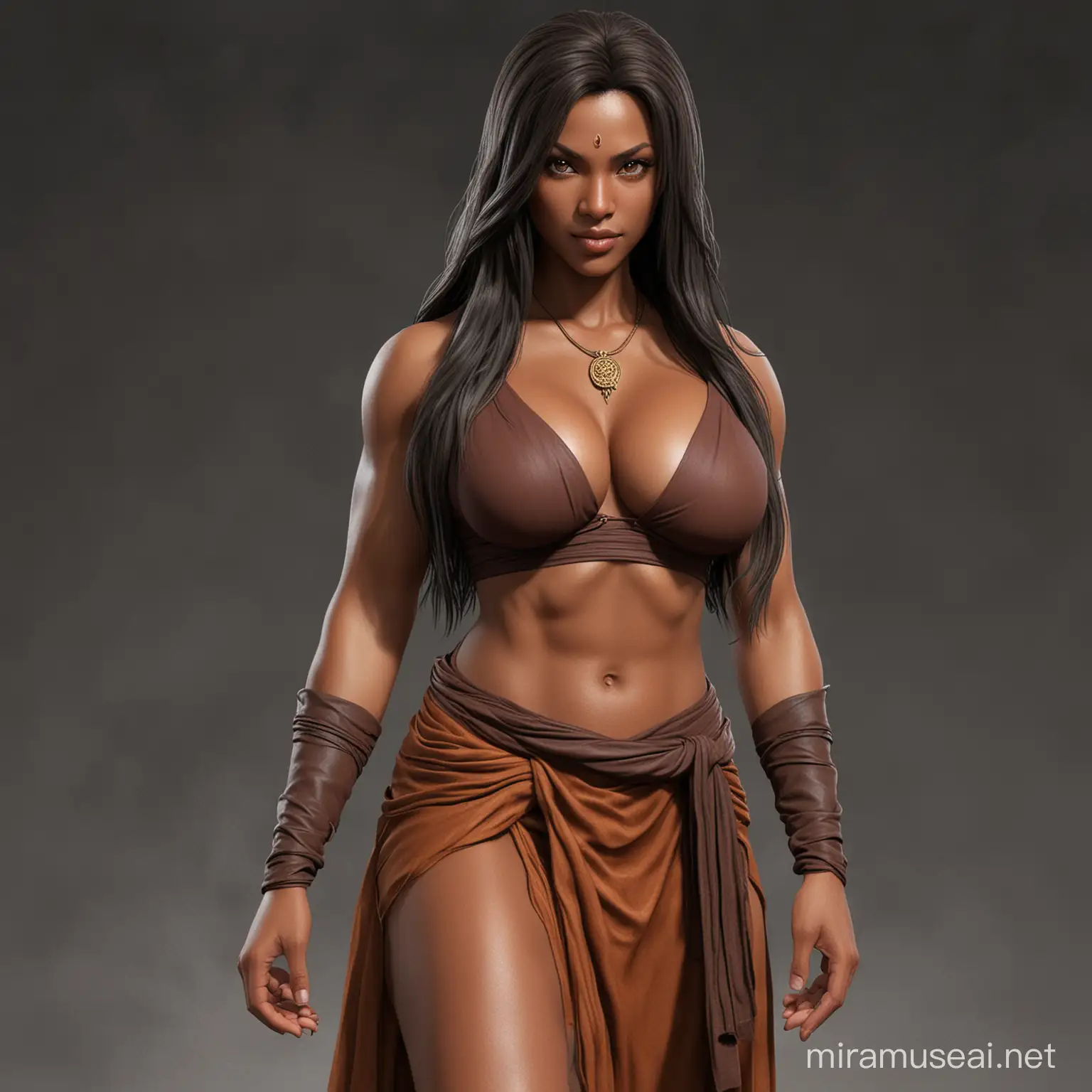 Serene DarkSkinned Female Monk with Flowing Hair