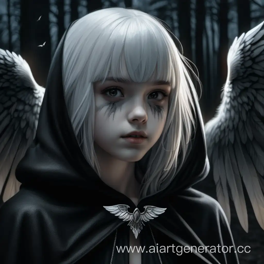 девушка крупным планом с белой кожей, серыми волосами, белыми крыльями и в черном грязном плаще с капюшоном на фоне ночного леса