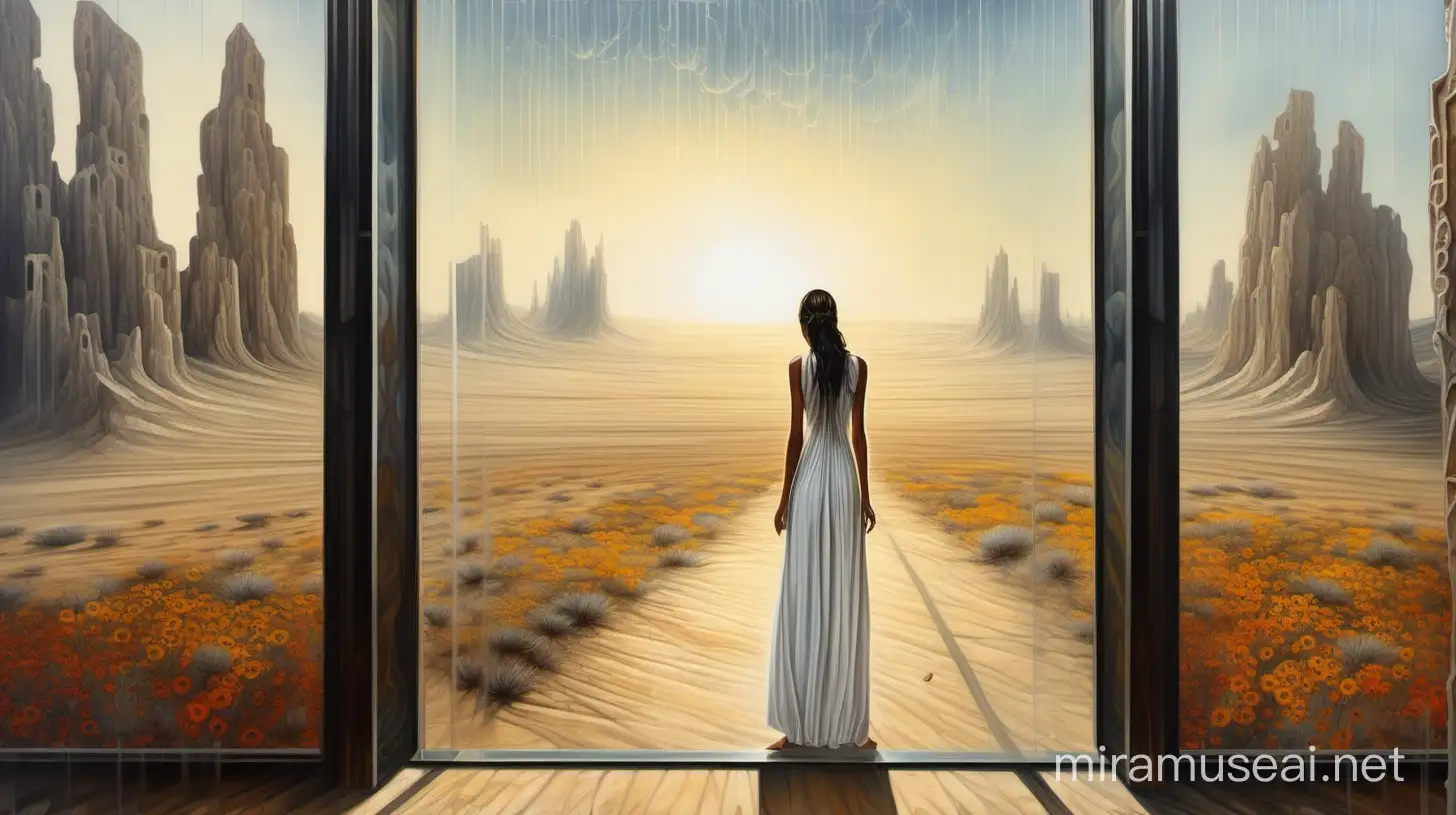surreal painting :: a nice young woman in a long white dress stands in front of a glass wall in a desert in the scorching sun. behind the glass you can see blurred meadows, flowers and large trees, It is raining behind the wall and animals are running around, impressive lighting, masterpiece, detailed fine art