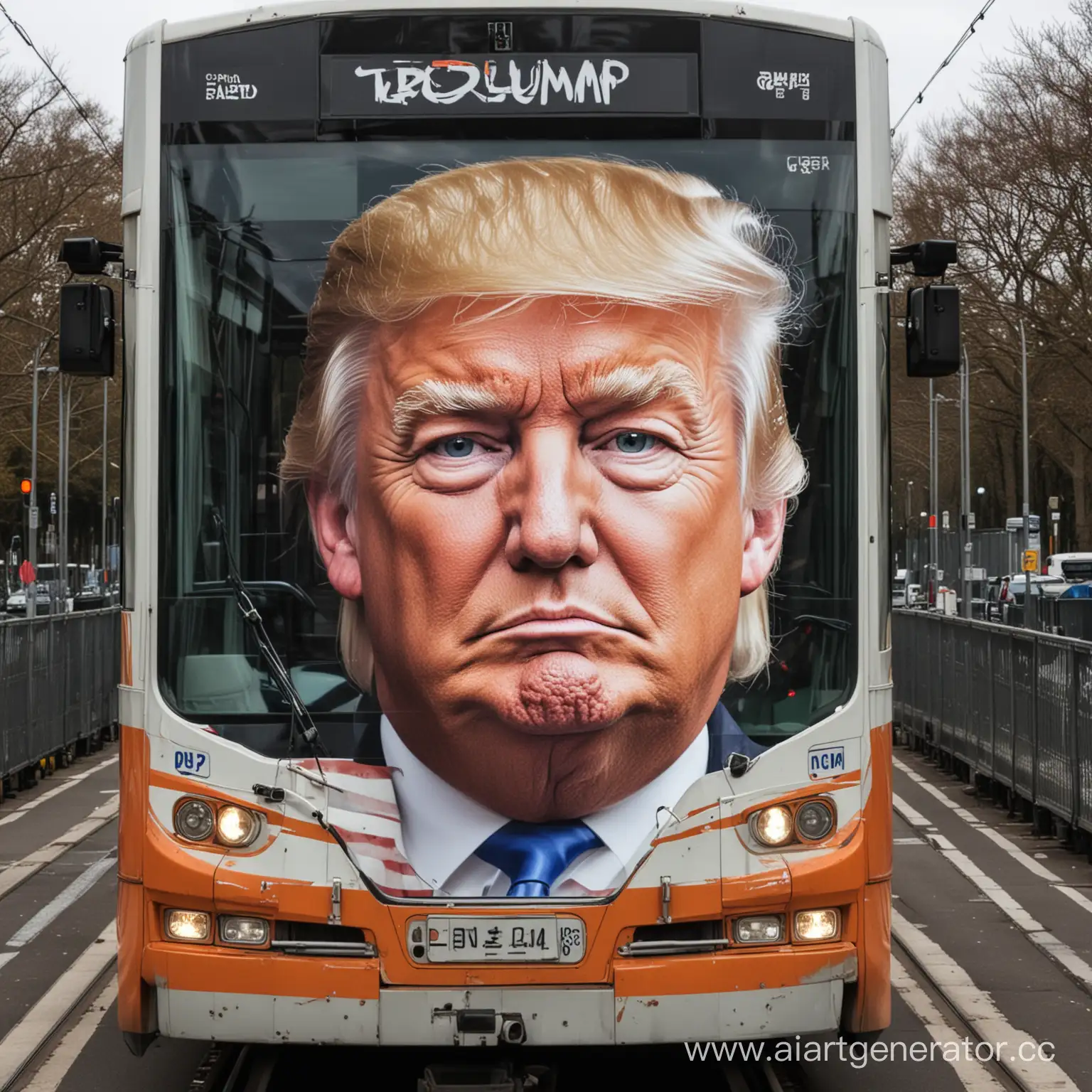 A tram with the face of Donald Trump