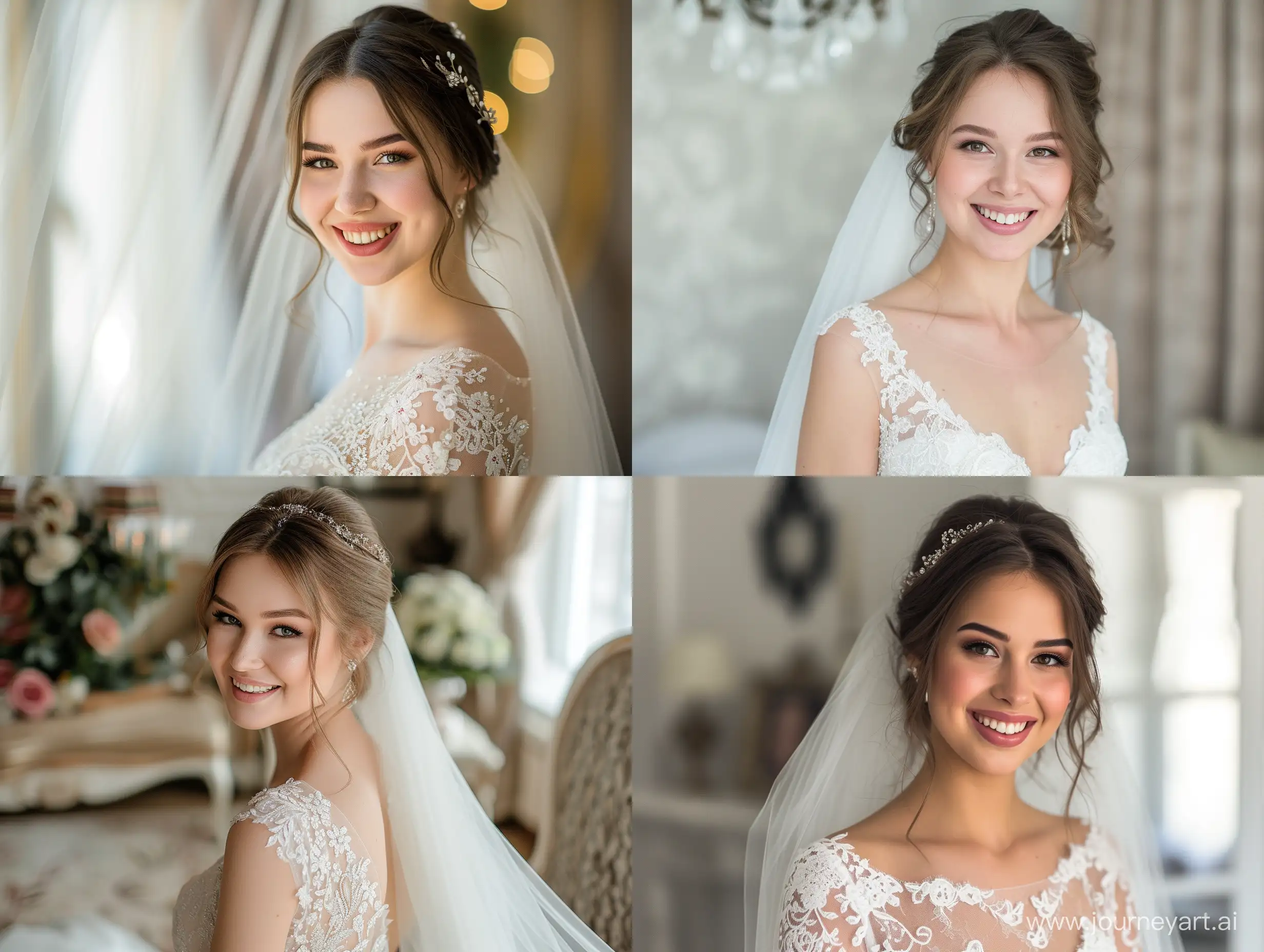 A beautiful Russian bride with a smile, wedding dress, gorgeous attire, luxurious and clean scenes, character photography, professional photography, looking towards the camera, front view, full body photos,