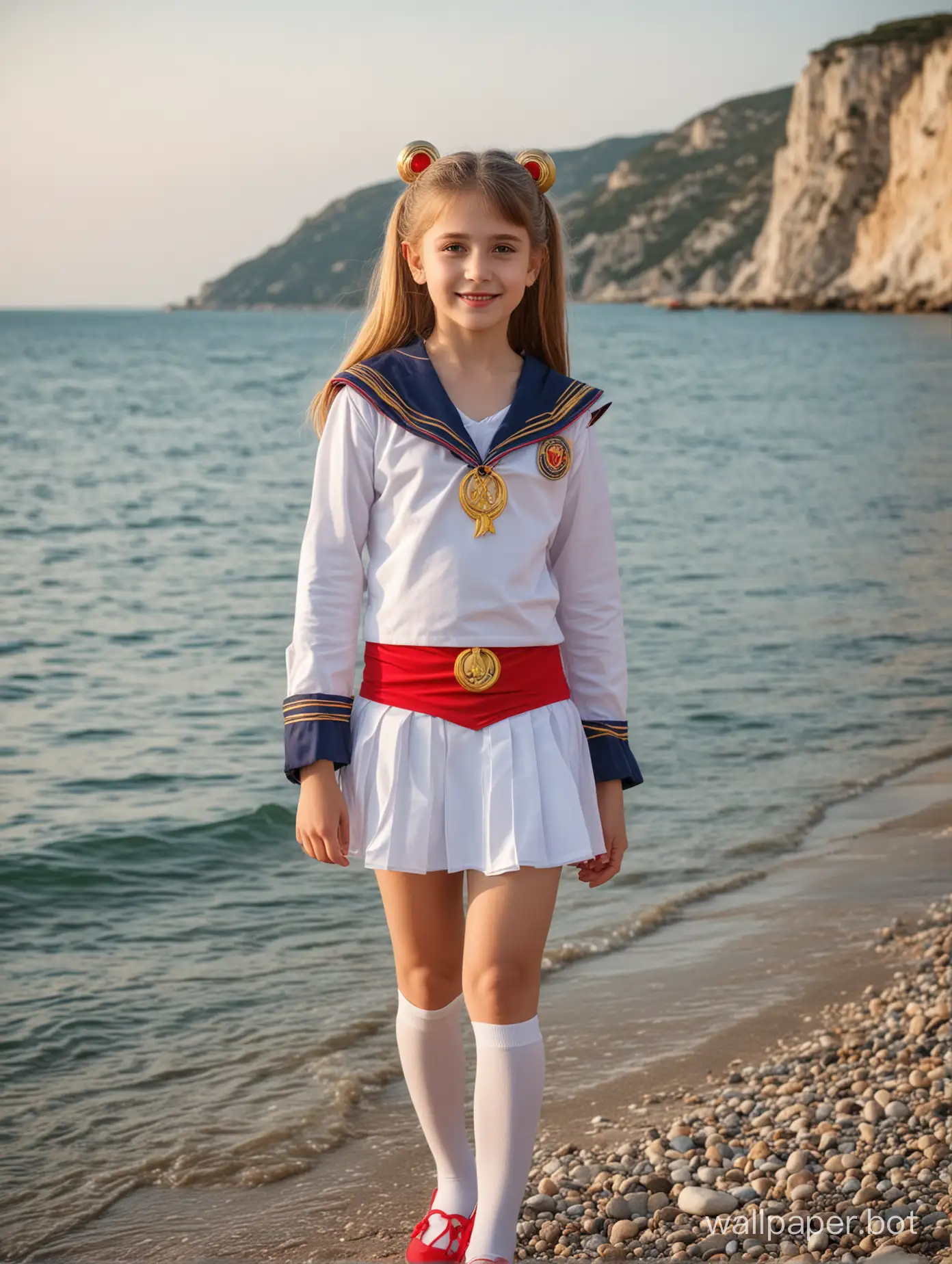 A beautiful girl of 10 years old in Crimea by the sea in a Sailor Moon costume, full-length, children of various ages around, dynamic poses, posing, smiling