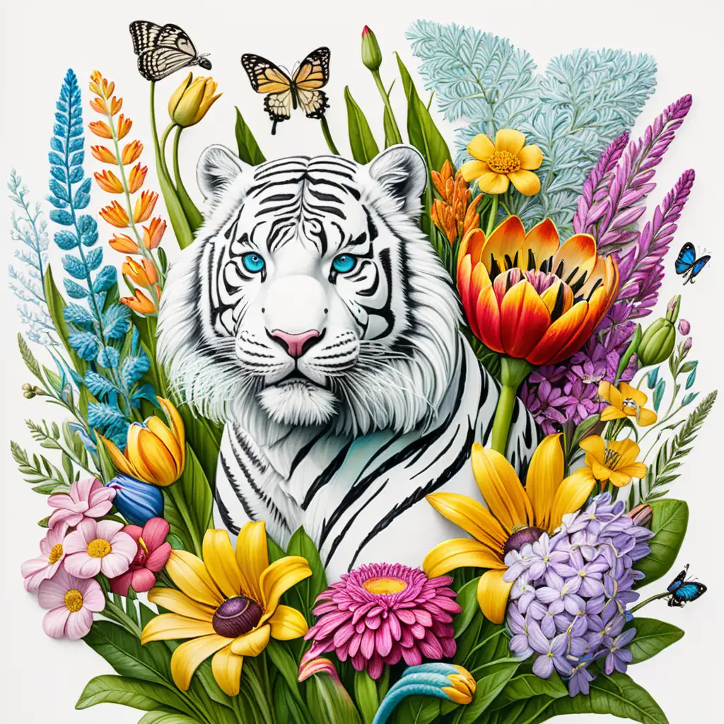 Elaborare Colored page Illustrate a bouquet made entirely of  garden bursting with very colorful spring flowers and a big white tiger