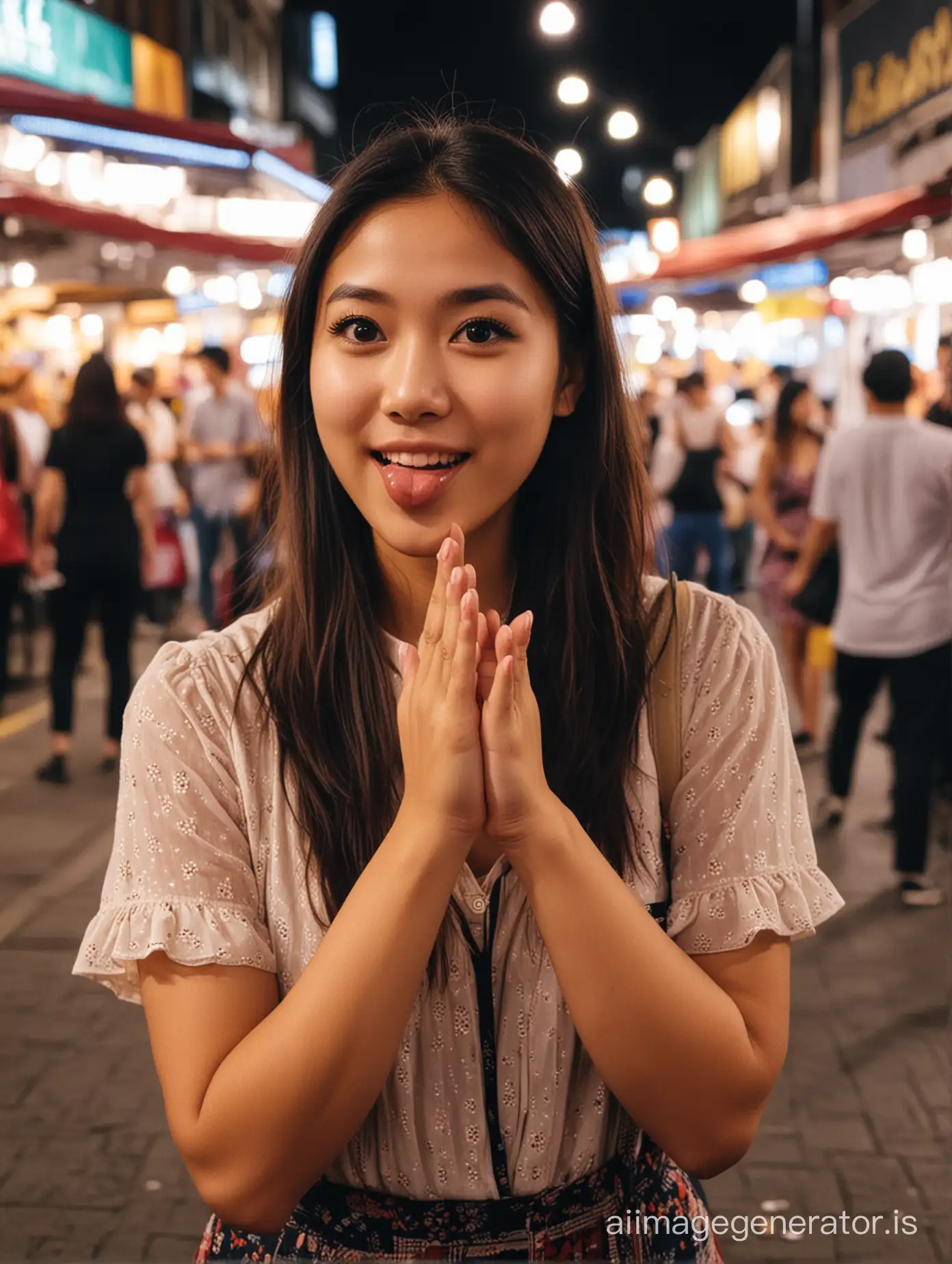 cute beautyful malaysian girl give a flying kiss at busking in night market downton