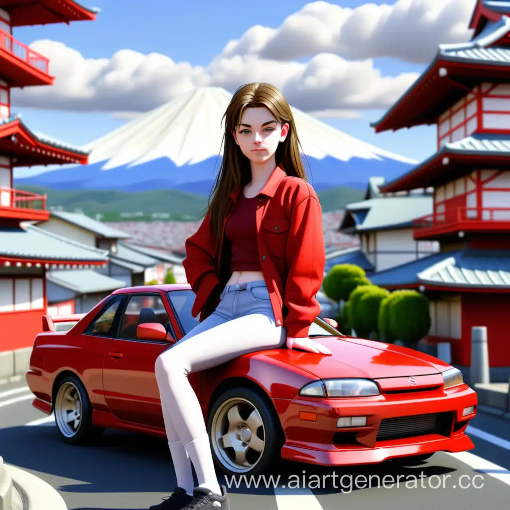 европейская девушка 16 лет, в красной ниссан сильвия, фон японский город, горы