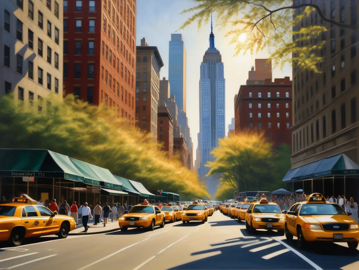 "Sunlit Metropolis" unveils the resplendent beauty of New York City basking in the gentle glow of daylight, depicted in an oil painting that captures the city's allure with warmth and brilliance. The skyline rises majestically against a backdrop of clear blue skies, each skyscraper a testament to human ingenuity and ambition.

As the sun bathes the city in its golden light, the buildings shimmer with a lustrous sheen, casting long shadows that stretch across the bustling streets below. The Empire State Building stands tall and proud, its pinnacle piercing the heavens as a symbol of the city's enduring spirit.

Down at street level, the city thrums with activity as people go about their daily lives. Yellow taxis navigate the labyrinth of roads, while pedestrians stroll along the sidewalks, their faces turned towards the sun's gentle warmth.

Amidst the urban landscape, Central Park sprawls like an emerald oasis, its leafy boughs swaying in the breeze. Sunlight filters through the canopy, dappling the ground with shifting patterns of light and shadow.

Through the artist's masterful brushwork, "Sunlit Metropolis" captures the essence of New York City in daylight, inviting viewers to immerse themselves in the city's radiant charm and discover the beauty that lies hidden amidst its towering skyline and bustling streets.