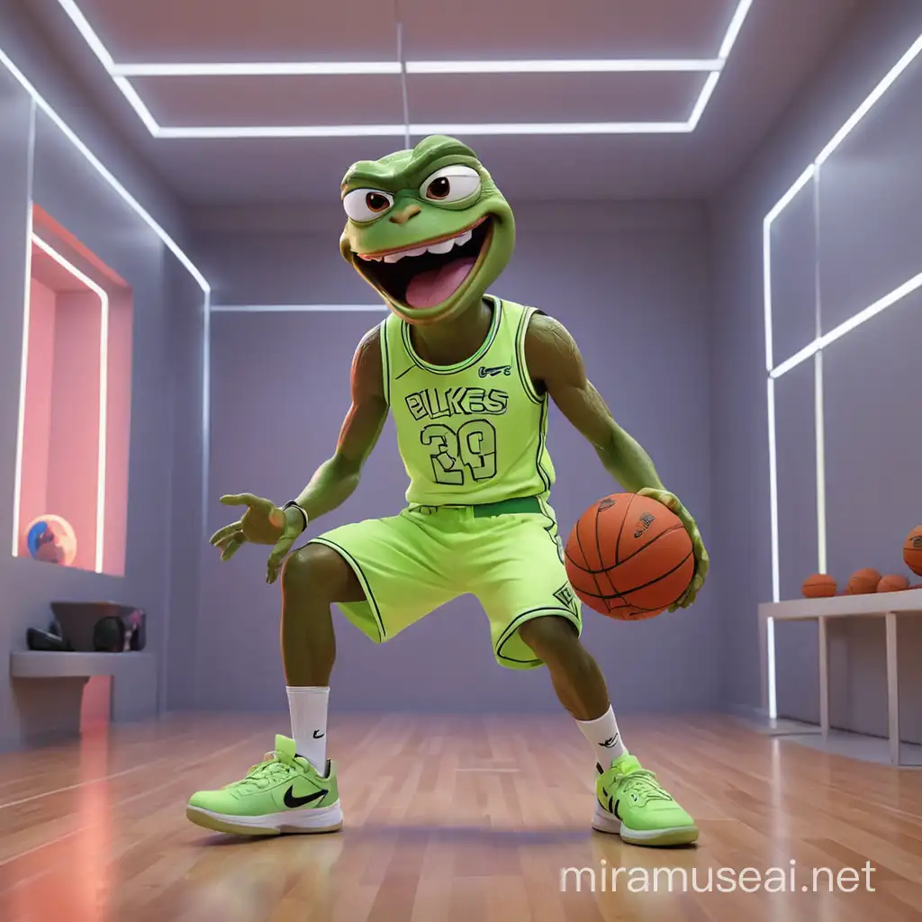Pepe Meme Dribbling in Nike Sneakers Amidst Vibrant Neon Lights