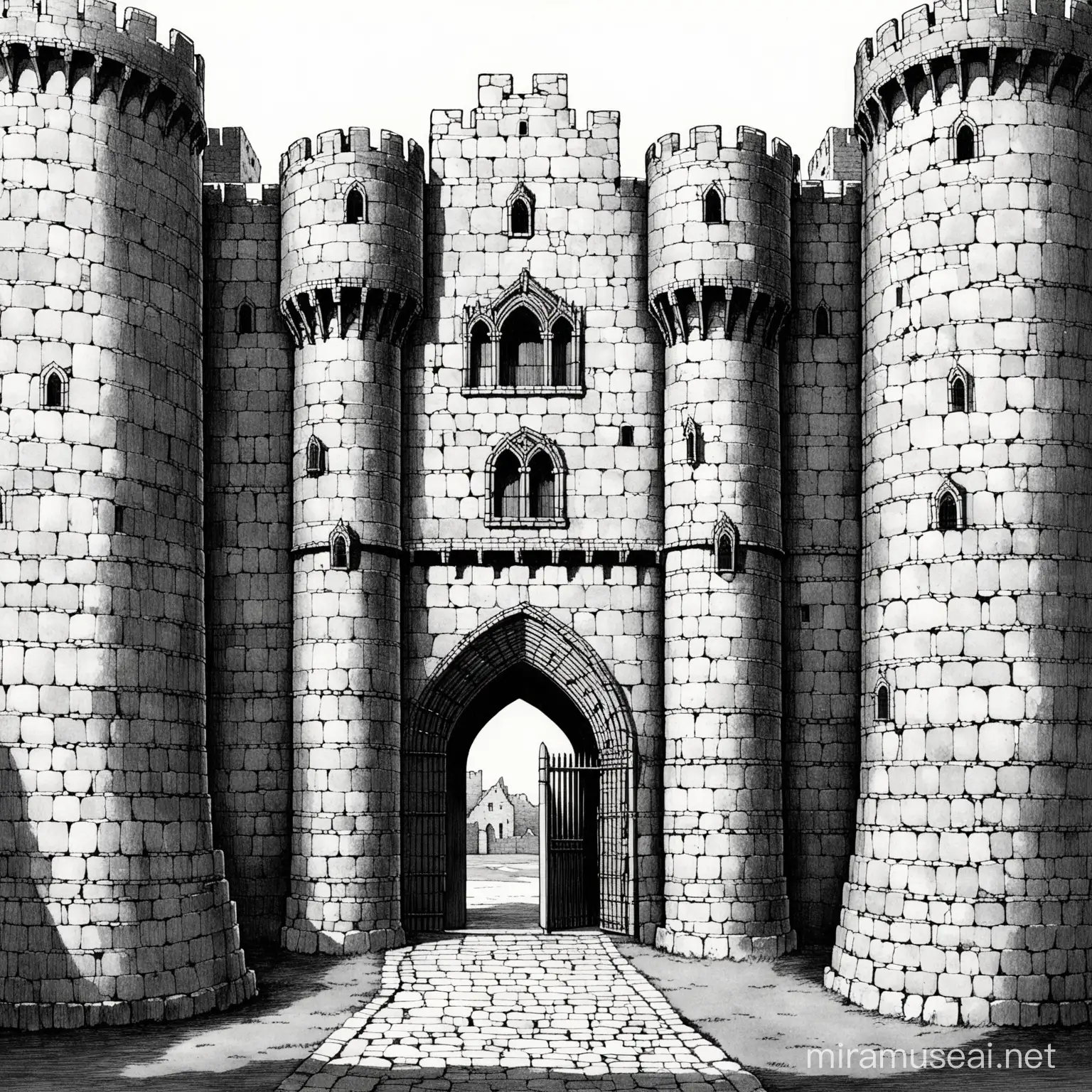 A large, tall, well-preserved stone keep  with battlements lining its granite walls, has a stone gatehouse, which contains a closed set of heavy wooden doors behind an iron portcullis which is currently down, black and white 